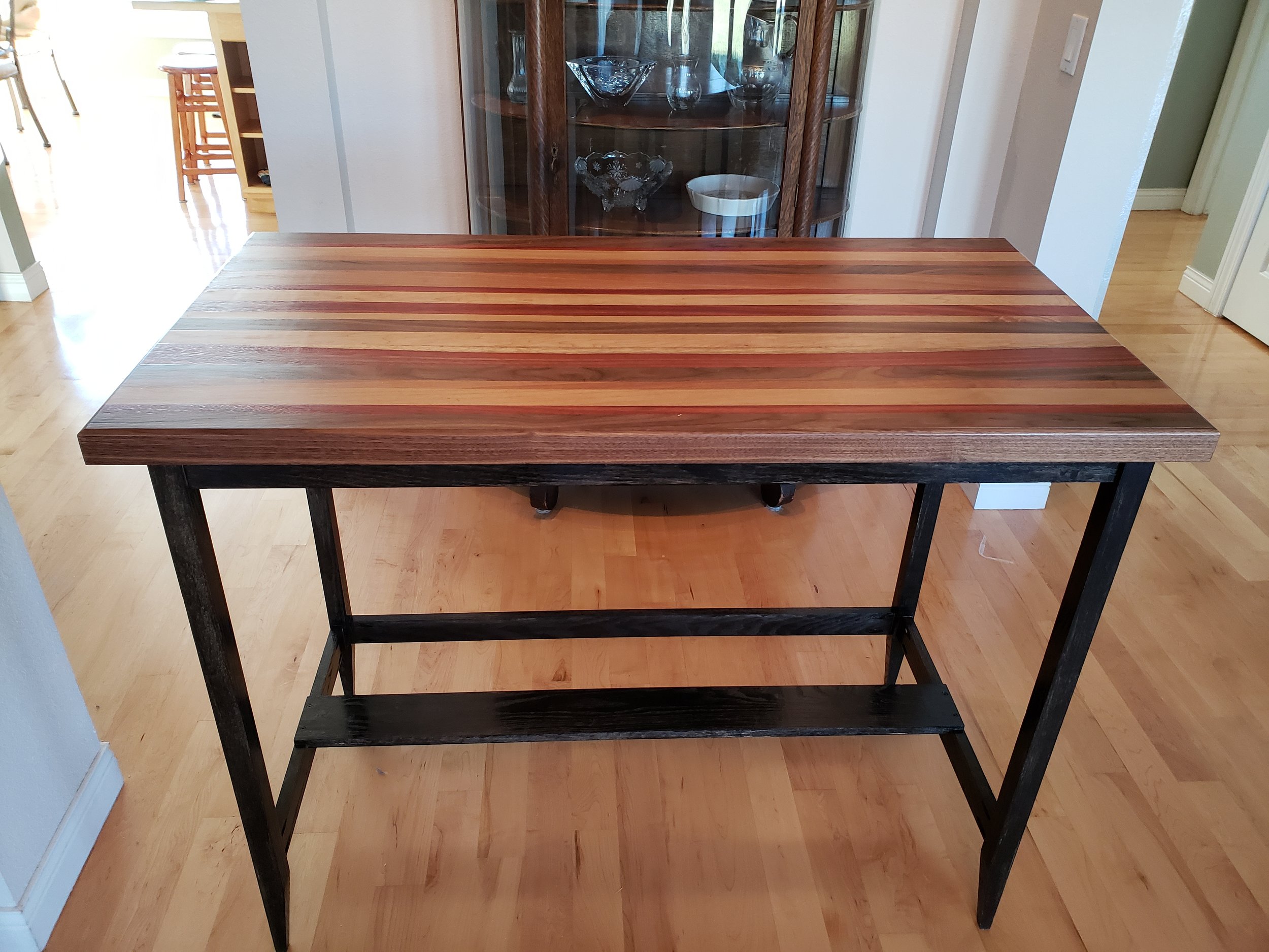 Butcherblock home work table/station with Walnut, Padauk, Cherry, Alder. Base is Red Oak with black stain.