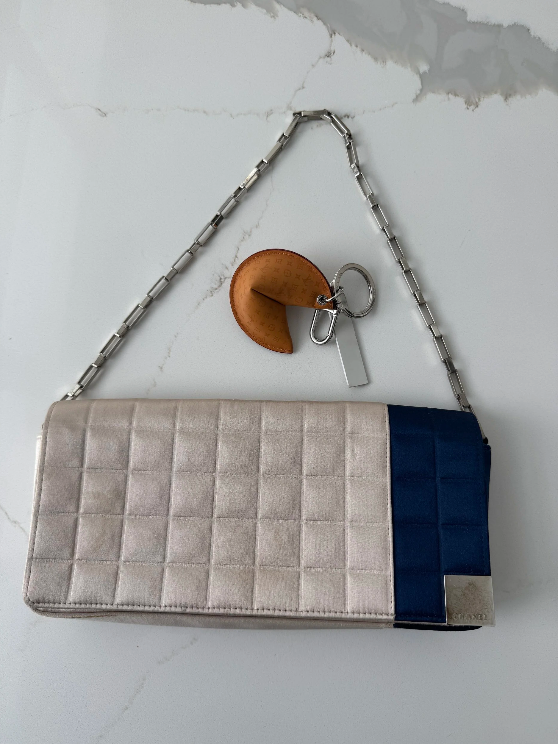 Chanel Chocolate bar silk satin ivory and navy blue