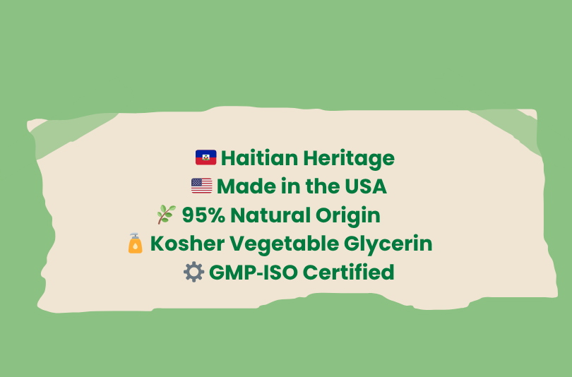 Label indicating Haitian heritage, made in the USA, 95% natural origin, kosher vegetable glycerin, GMP-ISO certified.