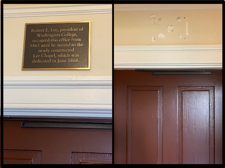   Lee’s office plaque, before and after removal. Photo by author.  