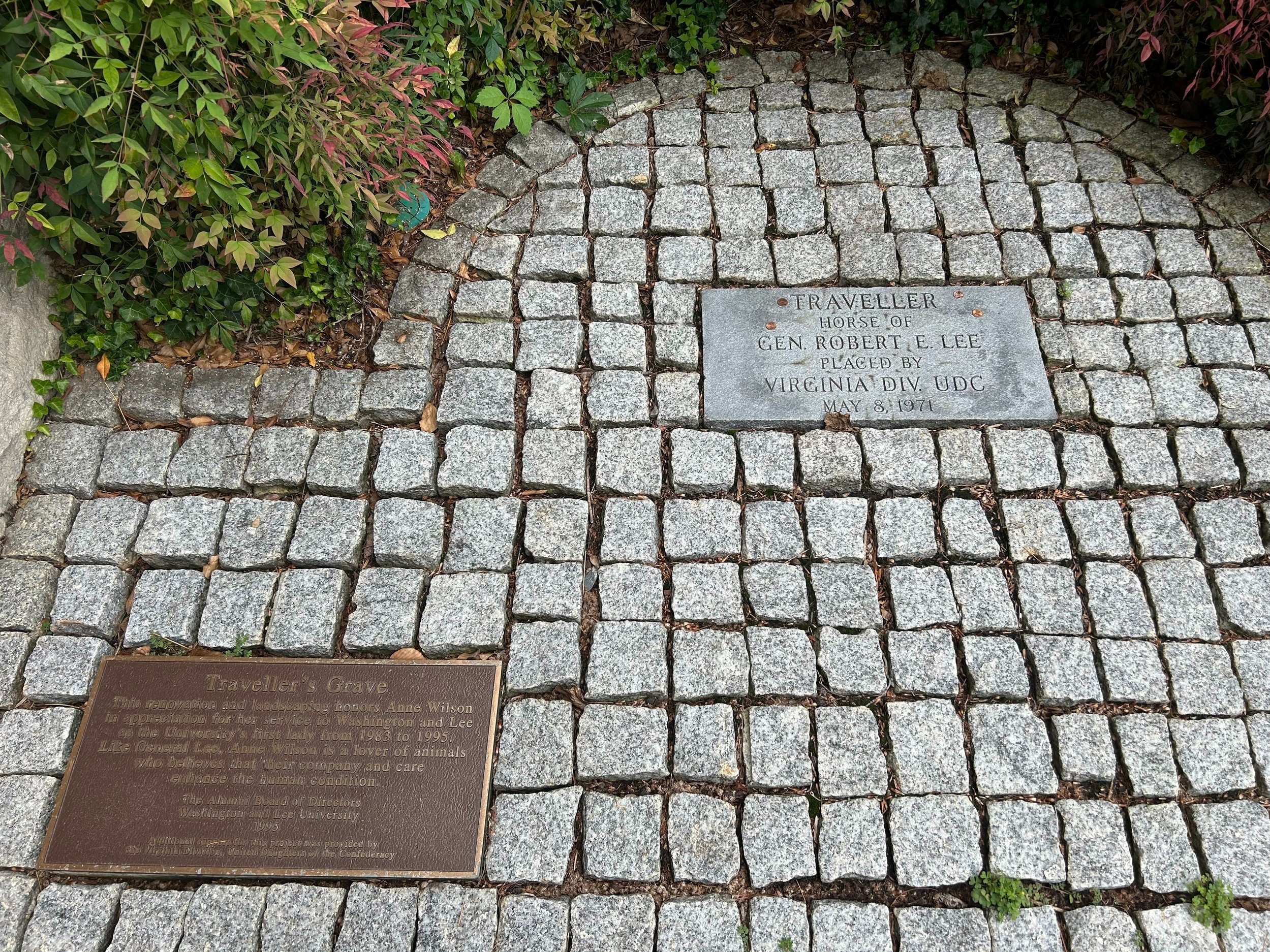   Traveller’s grave outside Lee Chapel. At least one of these plaques will be removed. Photo by author.  