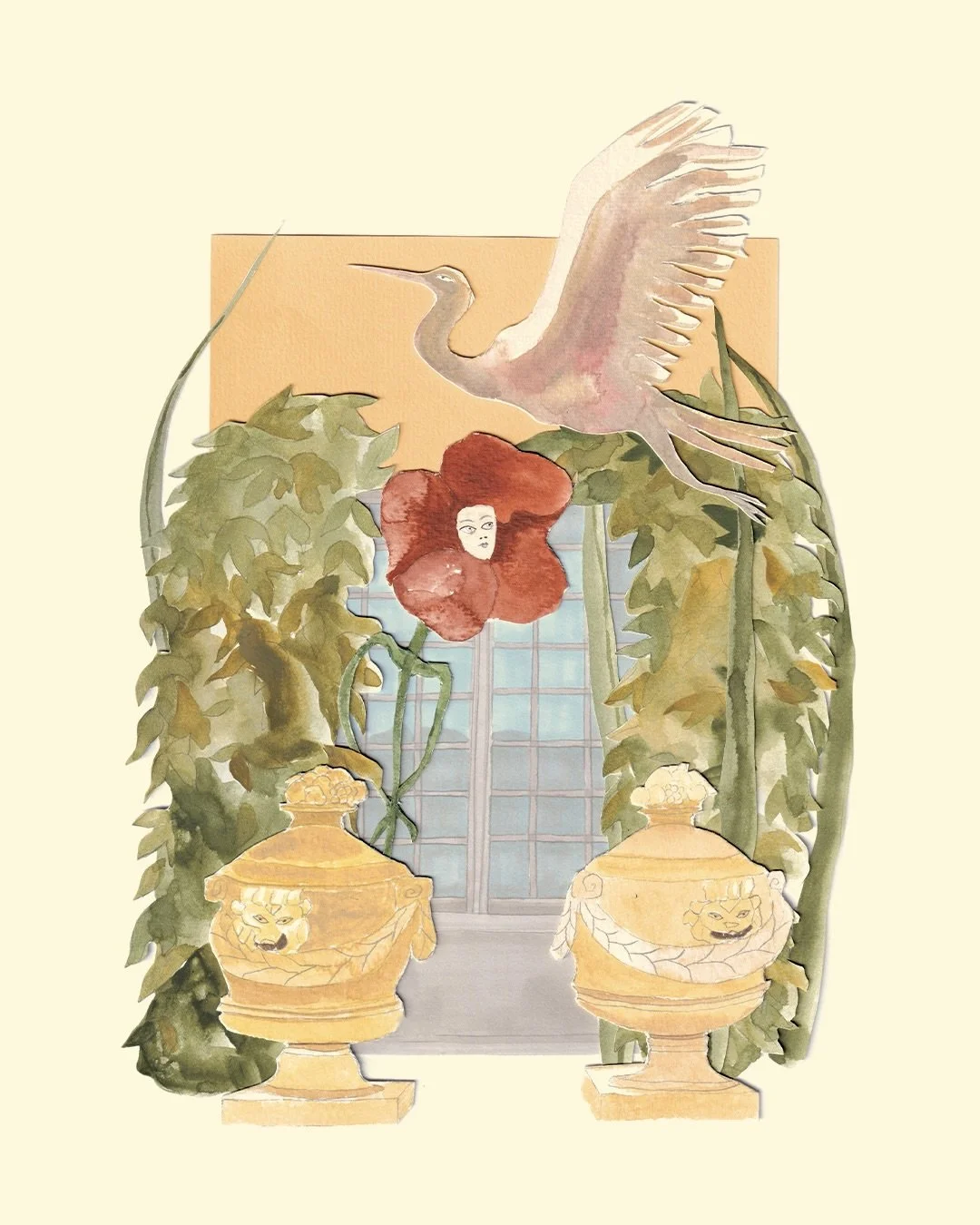 "L&rsquo;Envol" 

21x29cm

Un collage illustr&eacute; &agrave; l&rsquo;aquarelle et mixed media inspir&eacute; par les vasques et le d&eacute;cor du ch&acirc;teau de Villiers-le-Mahieu, lieu de ma derni&egrave;re mini r&eacute;sidence artis