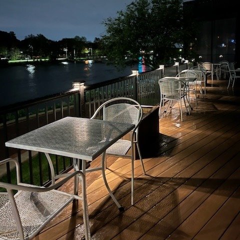 We'd love to take a moment to highlight how amazing this funky fresh new deck looks...at night! There is some hidden lighting installed on the railings to accent the beautiful view of the Fox. We would love to host your after hours event in our space