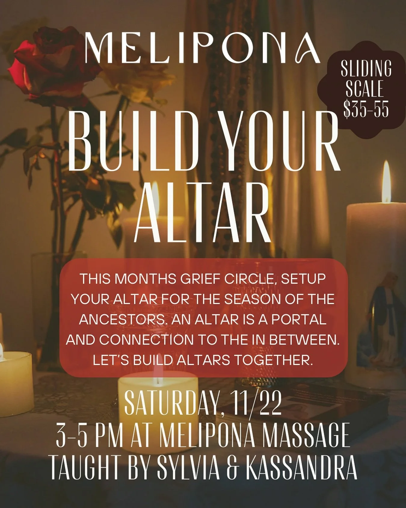 🕯️Join Sylvia Sparks O&rsquo;Neill (She/They) @heartseedbirth &amp; Kassandra Ghuloum-Plambeck @meliponamassage @wildroseheart (She/They) for BUILD YOUR ALTAR on Saturday, November 22nd from 3:00-5:00 PM at Melipona Massage. 🕯️

👐🏼This class will