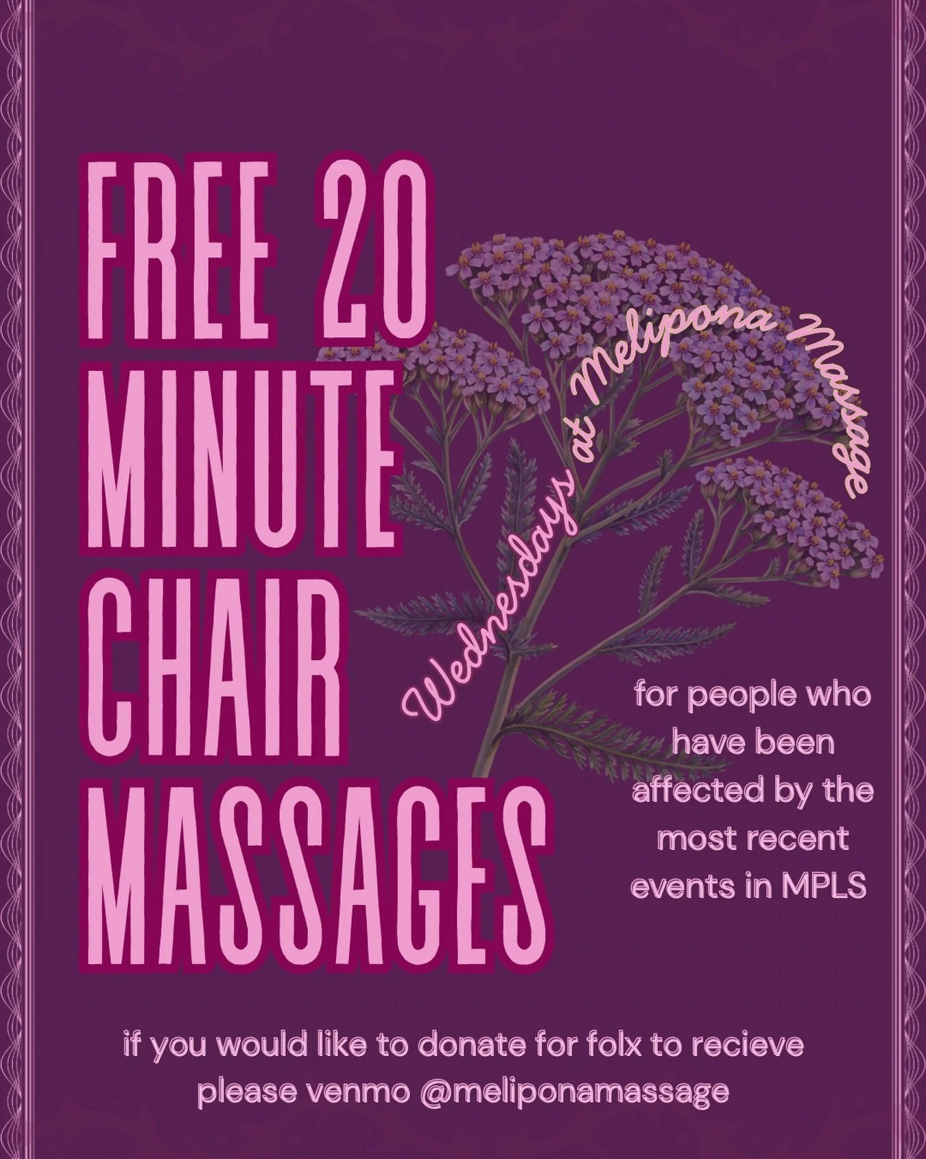 🕯️FREE CHAIR MASSAGES FOR THOSE AFFECTED BY RECENT TWIN CITIES EVENTS🕯️

Hello Community,
I am so sorry to this community. What we are having to live through during this time. The families who have been torn apart. The people who are scared to leav