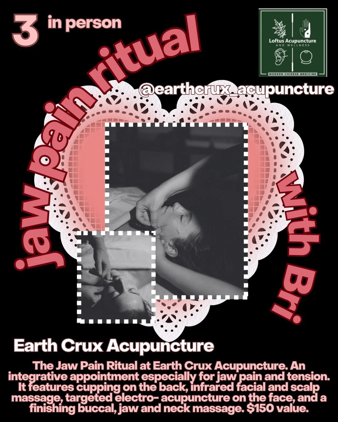 ✨A Jaw Pain Ritual with Bri of Earth Crux Acupuncture @earthcrux_acupuncture ✨ (my number is #3 to enter)

🌹 The Jaw Pain Ritual at Earth Crux Acupuncture. An integrative appointment especially for jaw pain and tension. It features cupping on the ba