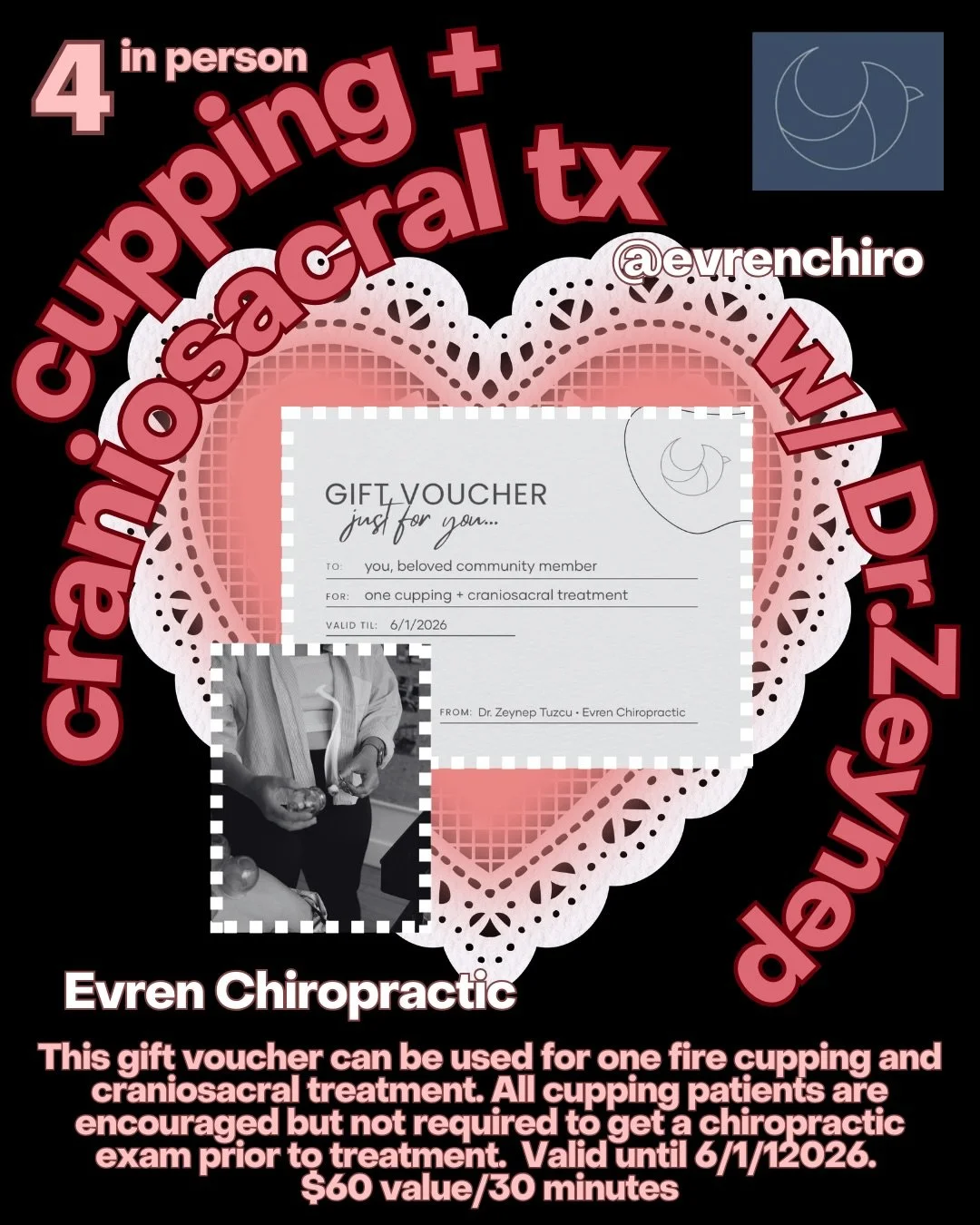 ✨A 30 minute Fire Cupping &amp; Craniosacral Treatment with Dr.Zeynep or Evren Chiropractic @evrenchiro ✨ (my number is #4 to enter)

🌹 This gift voucher can be used for one fire cupping and craniosacral treatment. All cupping patients are encourage