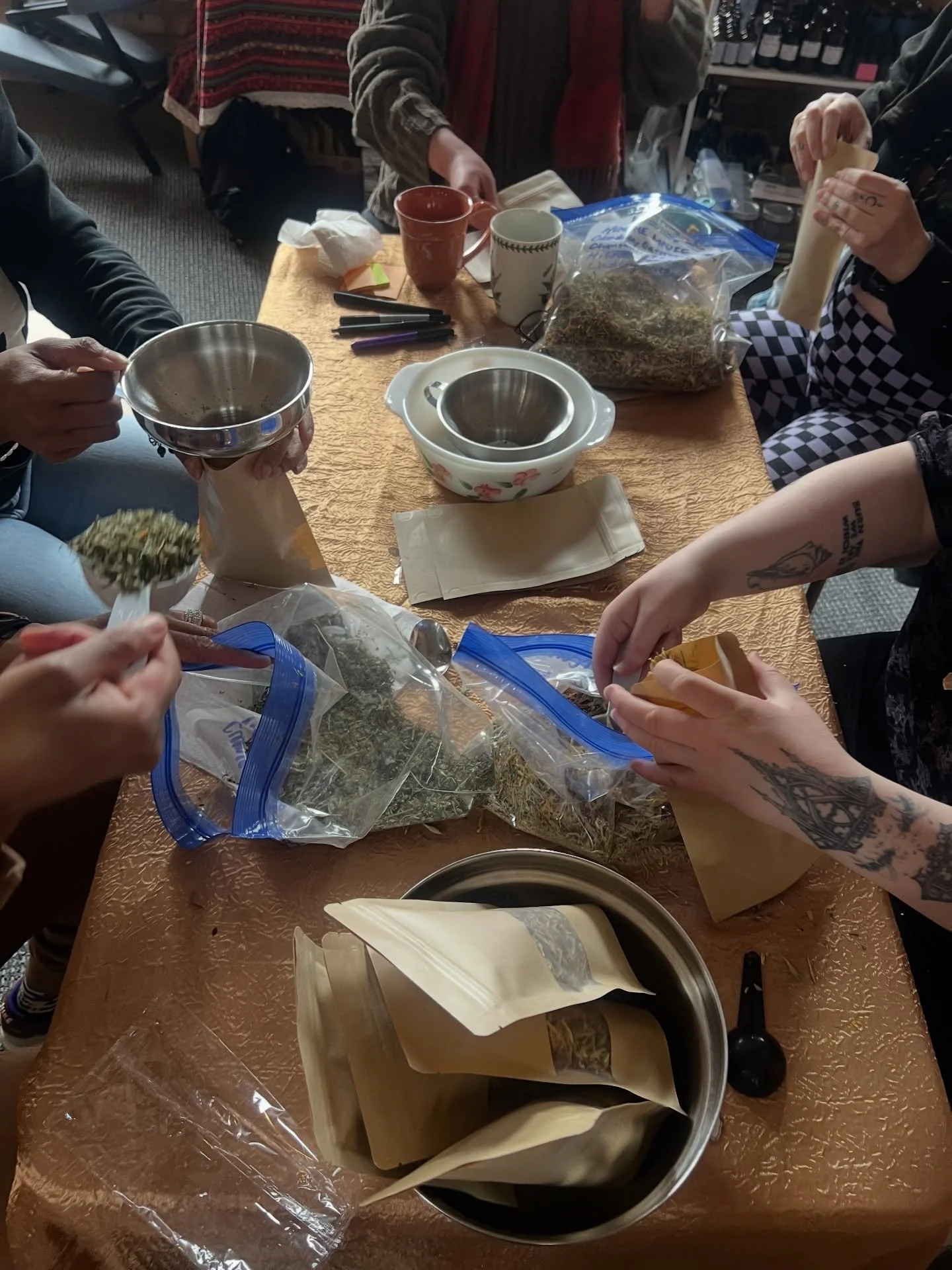 Heart Hands Medicine Making Days. We have now bagged all of the teas and bath blends, bottled all of the elixirs and tinctures, made almost all of the salves (2 rounds left this week) &amp; labeled all the items made! 

So grateful for all of the com