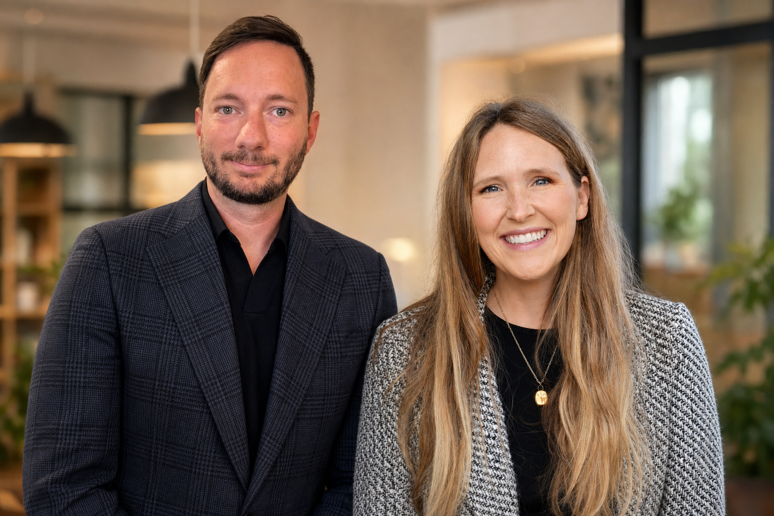 A man and woman smiling in a modern office or coworking space.