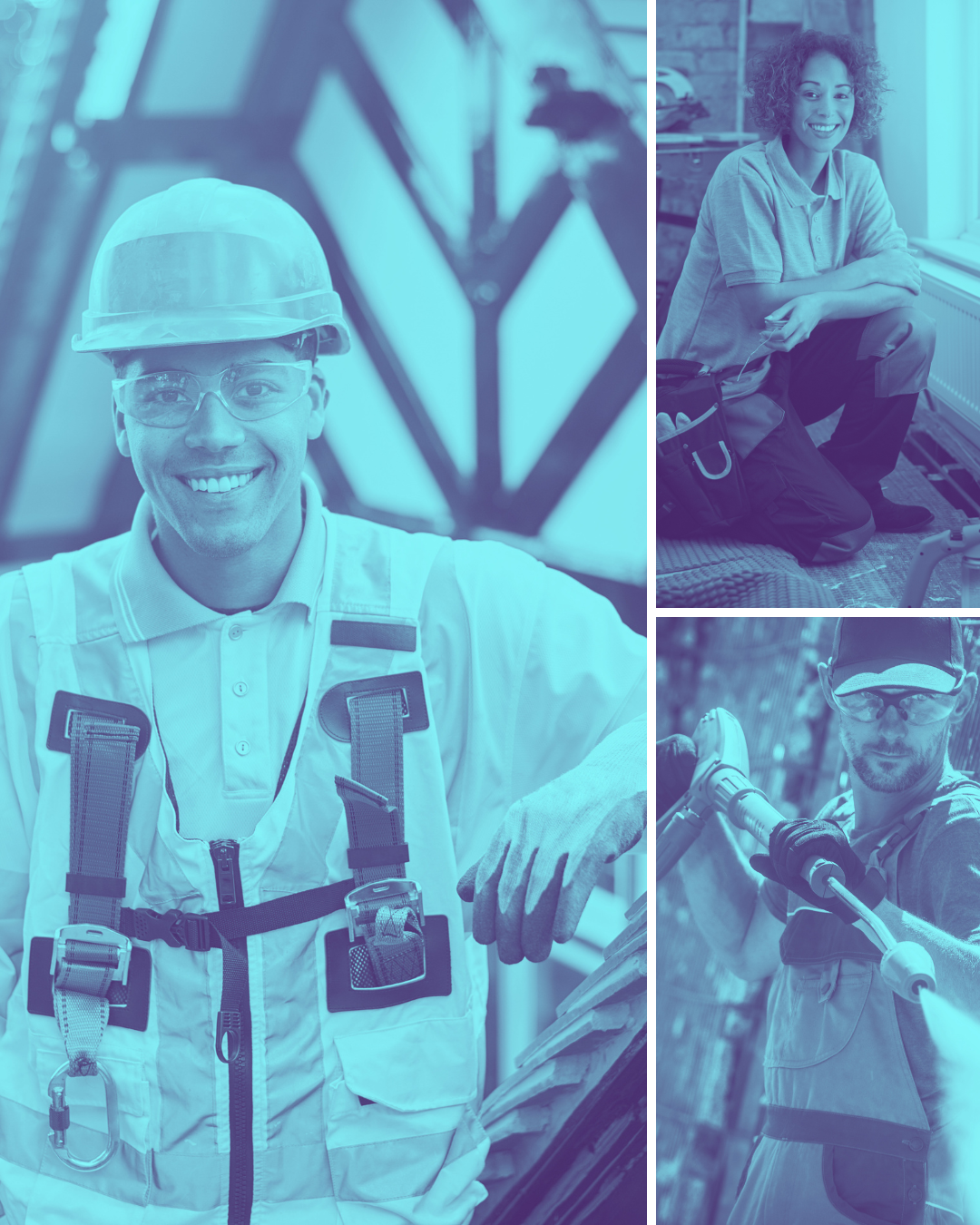 Collage of three workers: a smiling construction worker in a hard hat and safety glasses, a seated woman with curly hair and a backpack near a window, and a man with safety glasses and a cap operating a power tool.