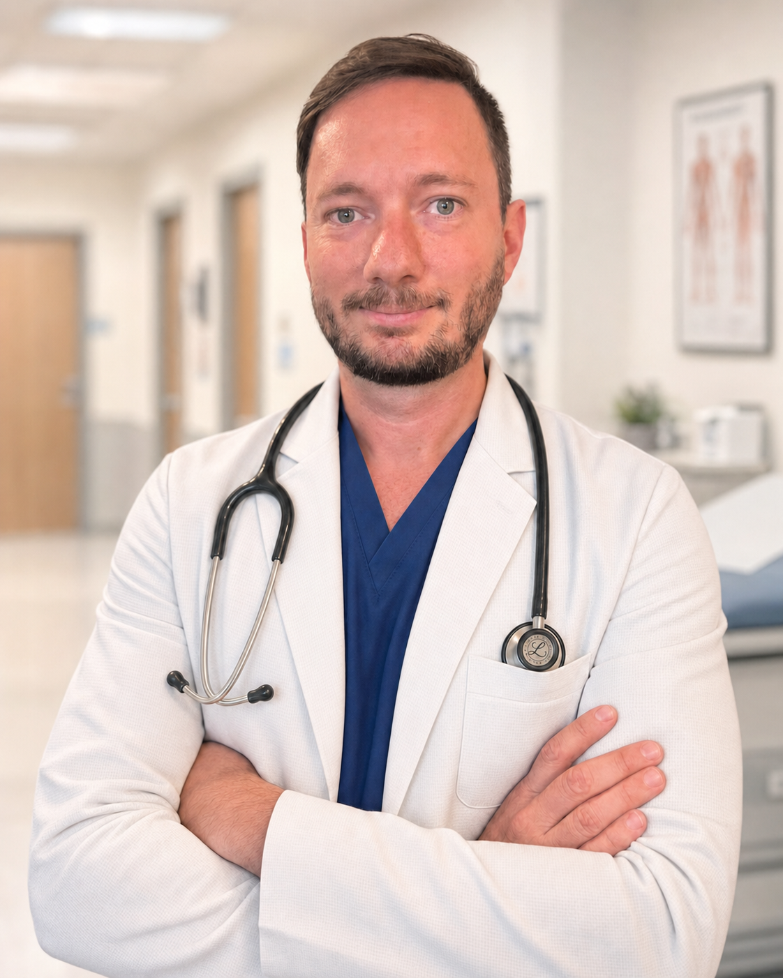 A male doctor with a beard and mustache standing in a hospital corridor, wearing a white coat and blue scrubs with a stethoscope around his neck, smiling with arms crossed.