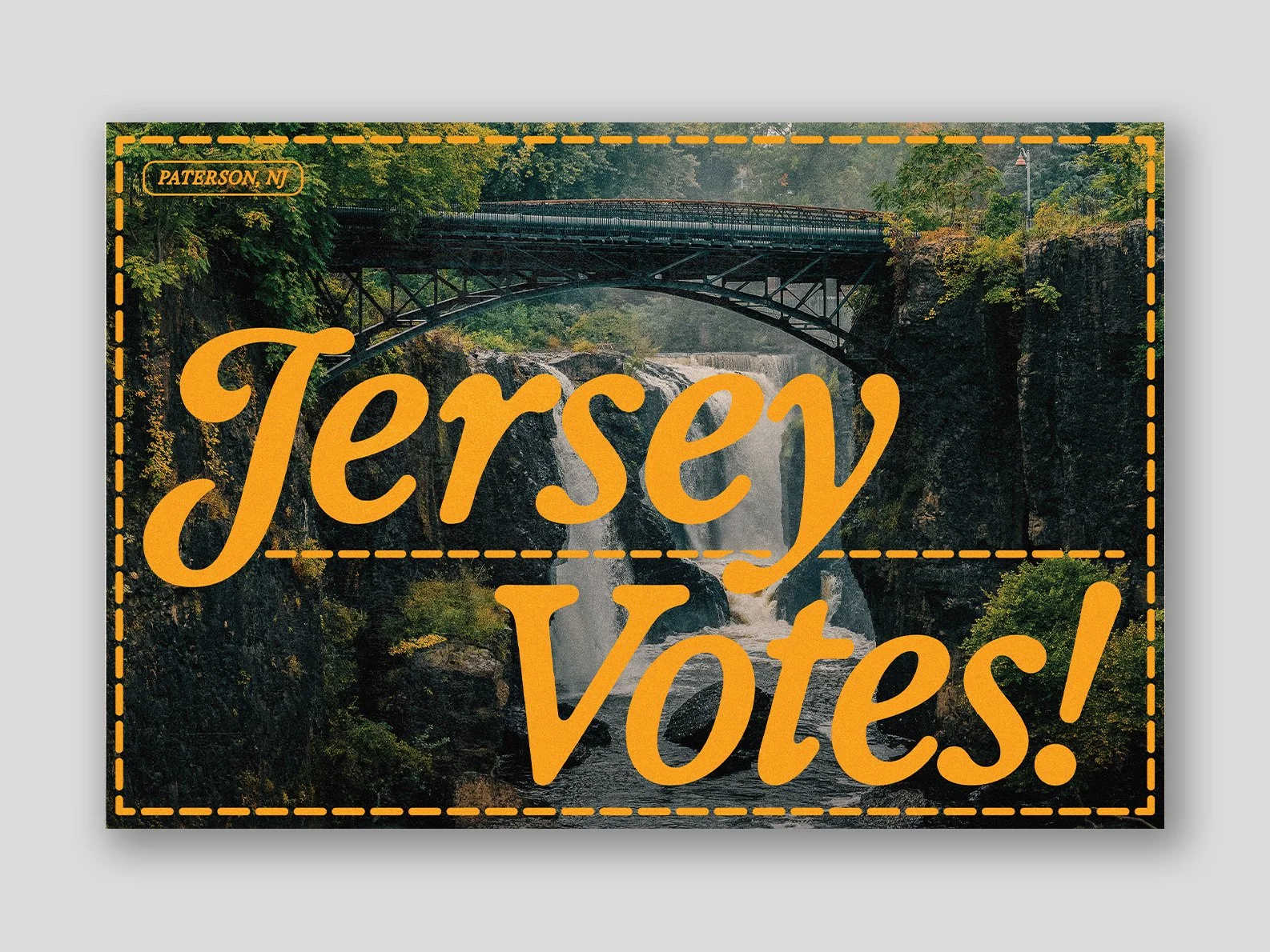 "Jersey Votes!" postcard design featuring the Paterson Falls