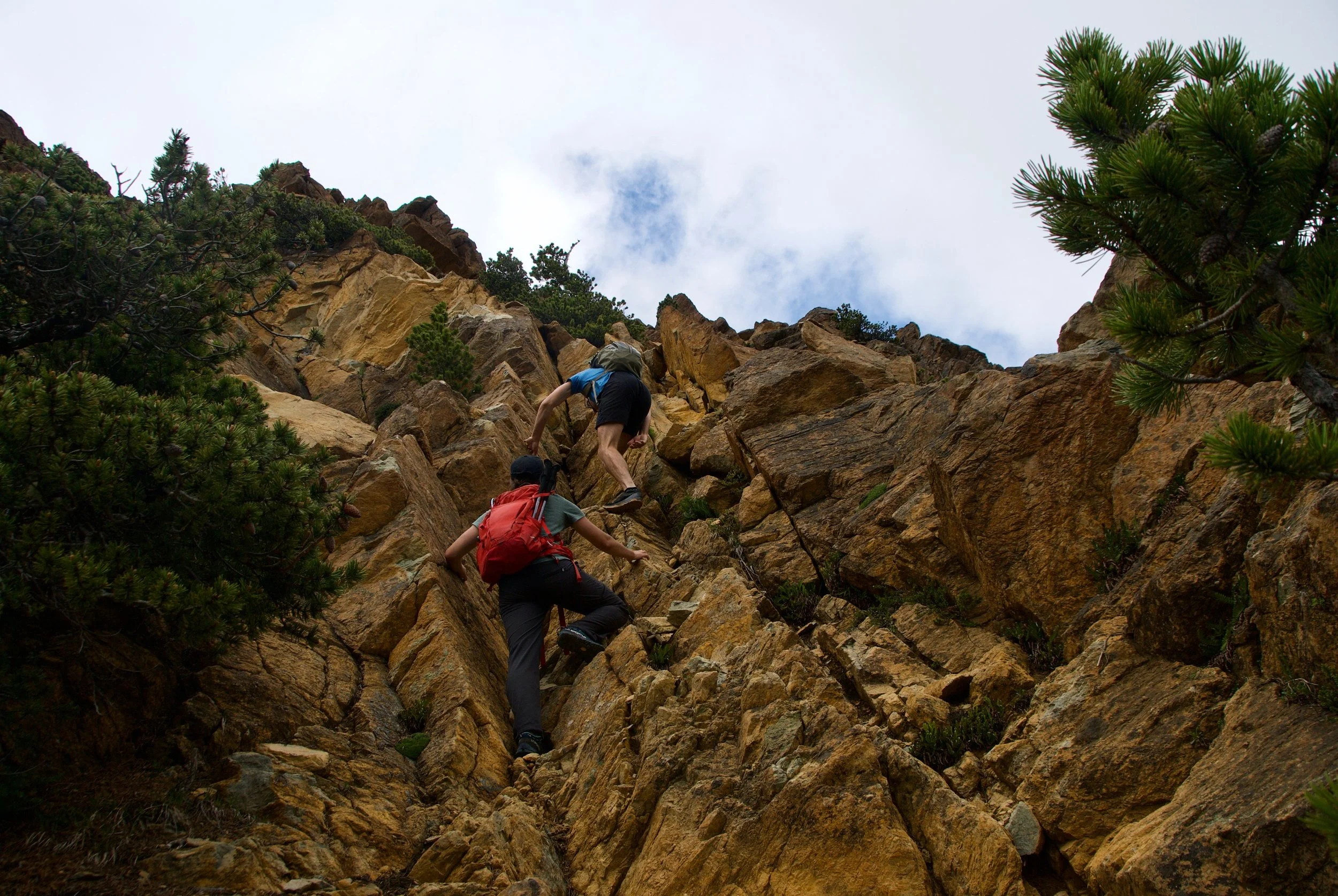 Two hikers climbing a steep, rocky mountain trail, surrounded by green trees and an overcast sky.