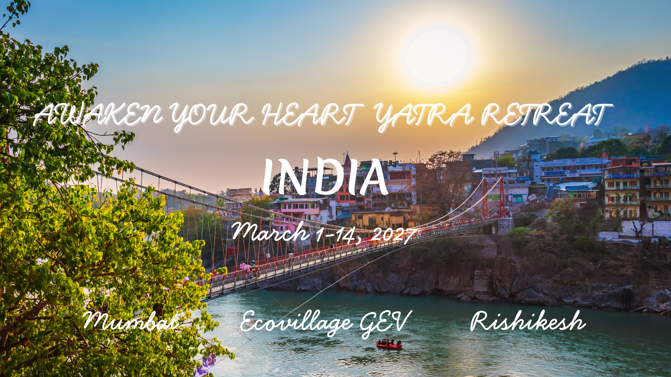 A suspension bridge over a river with a boat, hillside houses, and a setting sun.