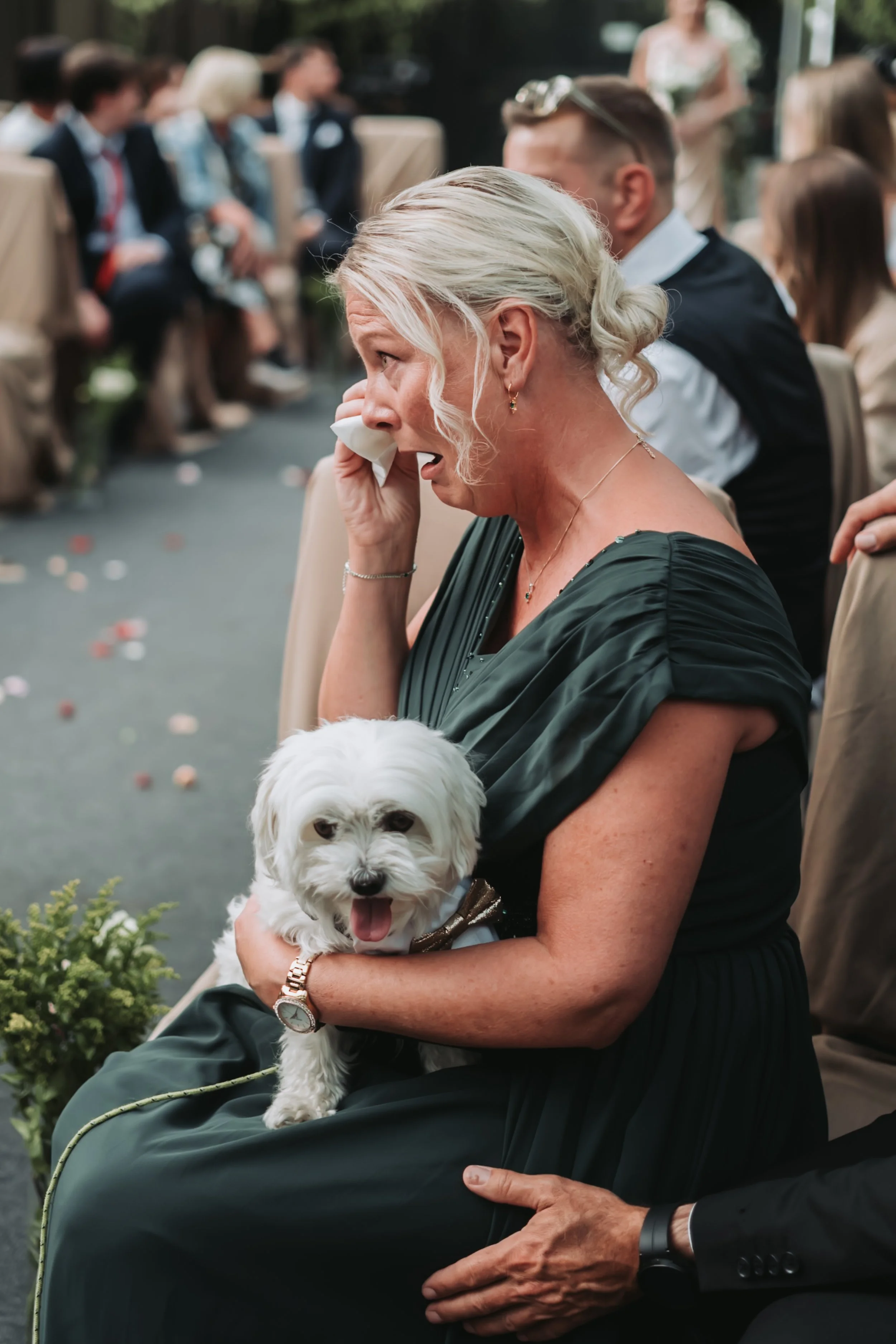 En kvinne med sølvhvitt hår holder en liten hvit hund på fanget under en seremoni. Kvinnen er lei seg og gråter, og andre personer sitter i bakgrunnen i et utendørs arrangement.