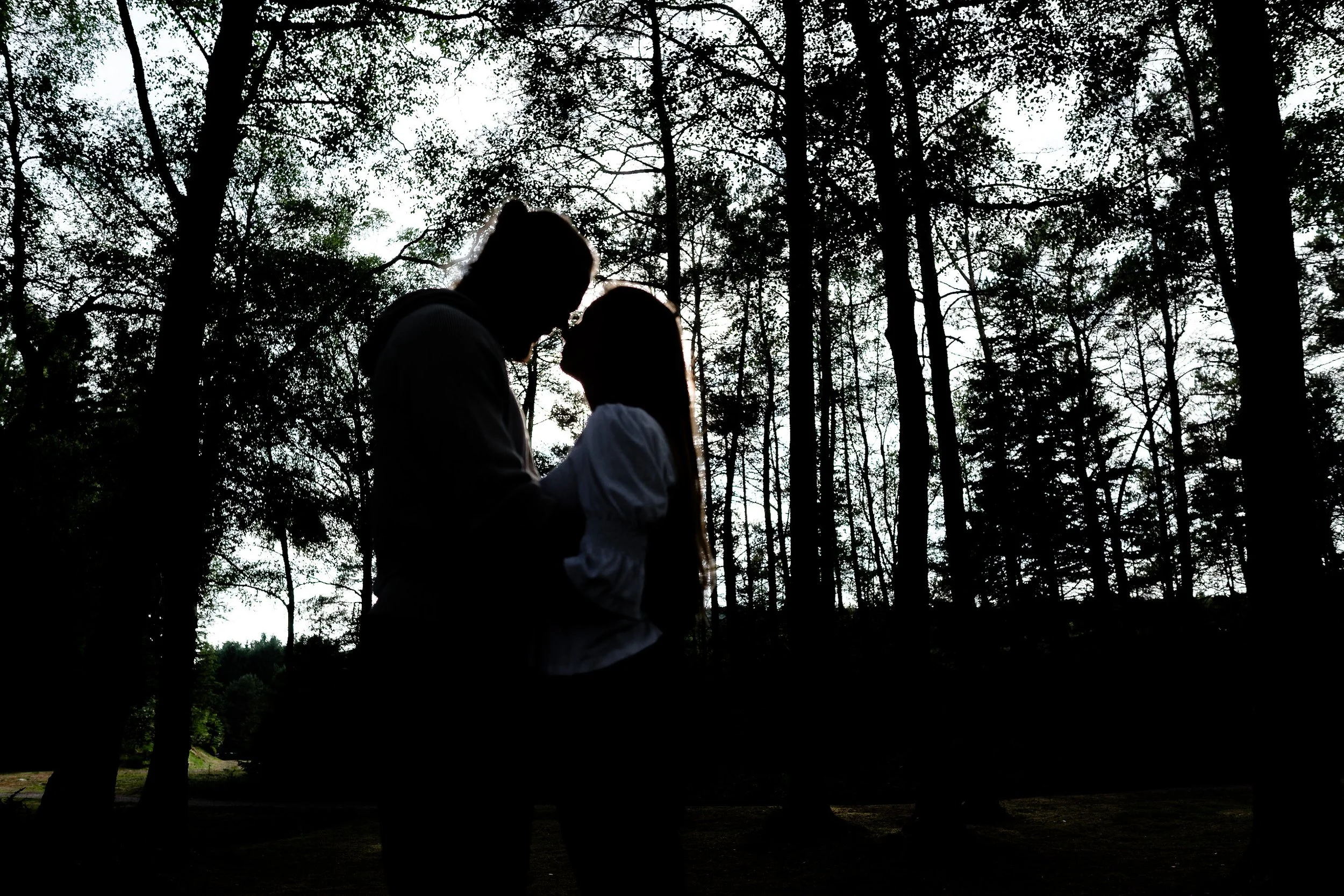 Silhuetter av to personer som står nær hverandre i skogen med trær i bakgrunnen, mot en lys himmel.