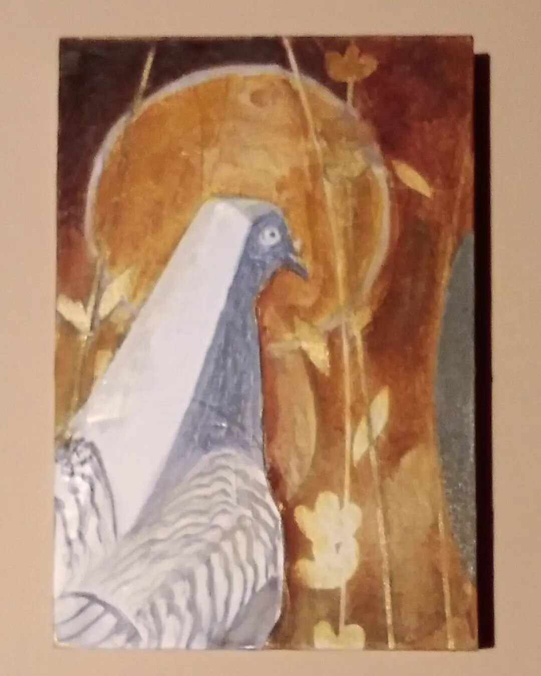 Two pigeons. 
One is inspired by icon paintings and Picasso, and is made of gesso, graphite, decorative paper, and oil on panel (4&times;6 inches). The second is sanded acrylic on paper (6&times;8 inches). 
#pigeonlove