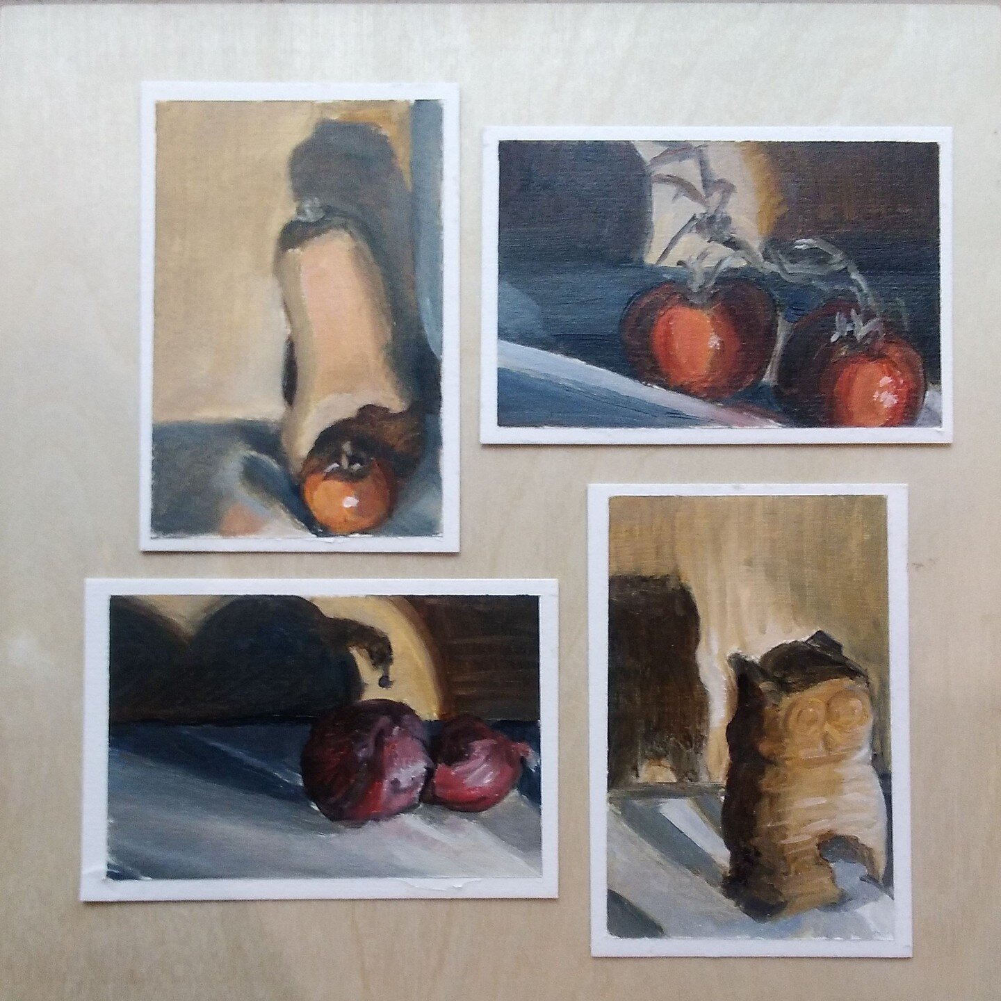 Practicing direct painting (ala prima) by making tiny still-life paintings from life.