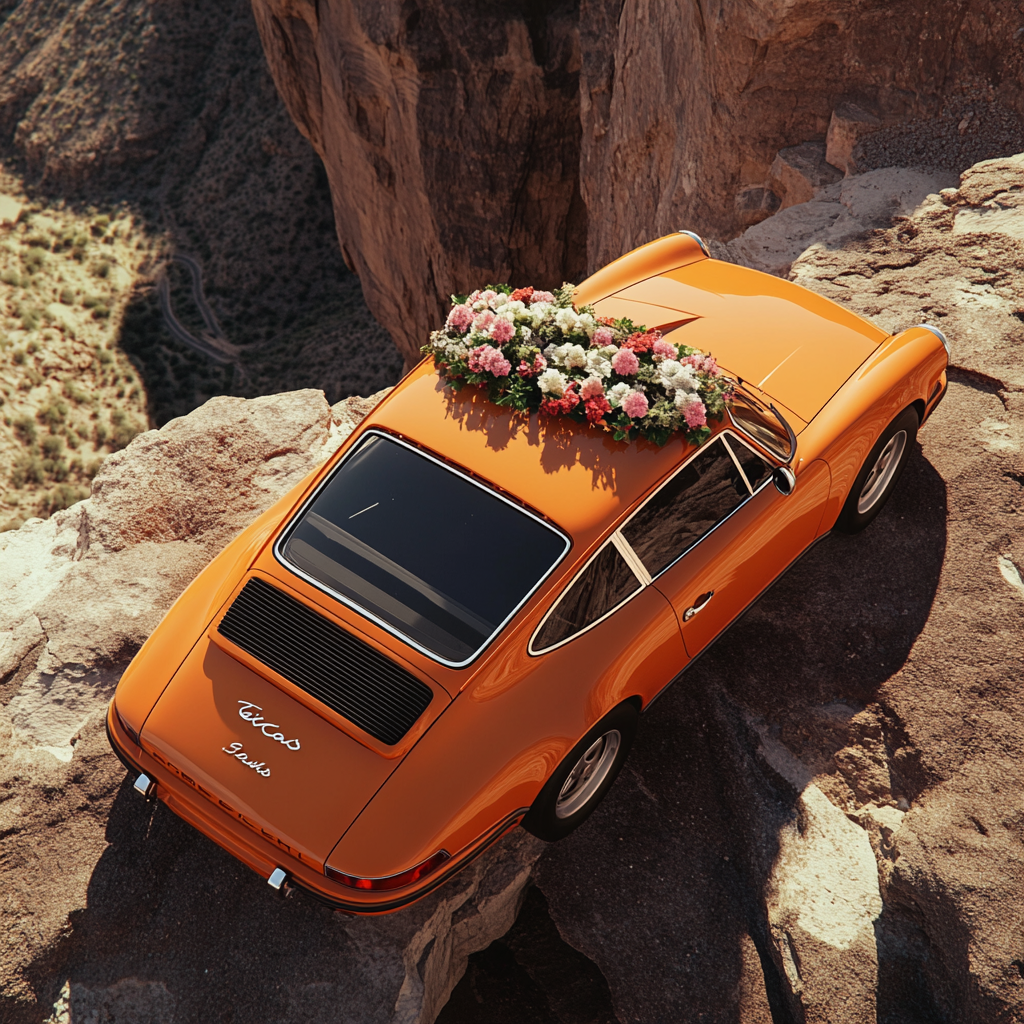 wolfmvn_An_orange_Porsche_with_flowers_on_the_roof_parked_in__db3487c7-a790-4702-bf01-d19ce37b3522_0.png