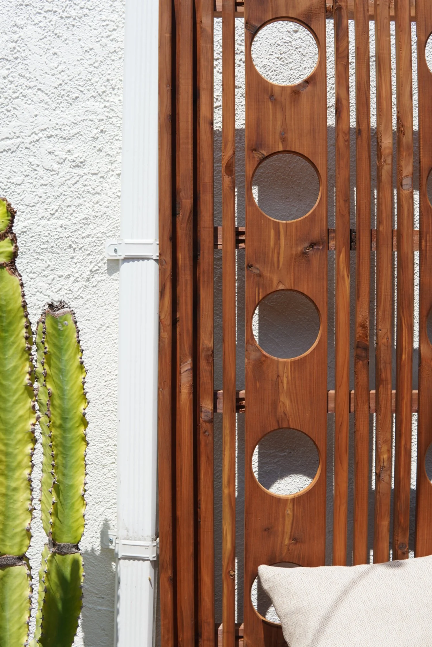 Close-up of a decorative wooden panel with circular cutouts, a stucco wall, a green cactus with ridges, and part of a light-colored cushion.