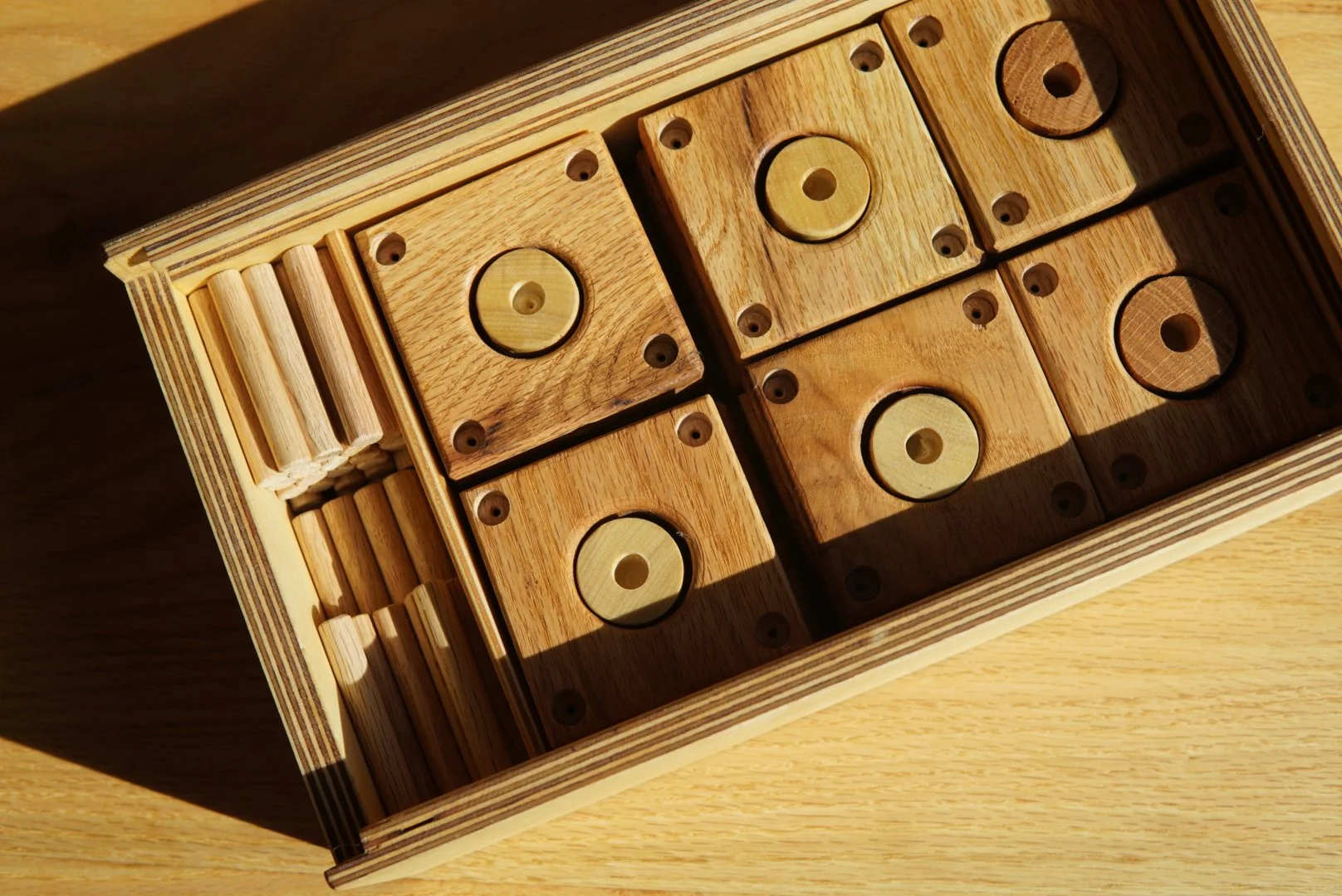 Wooden block wet set inside a wooden box