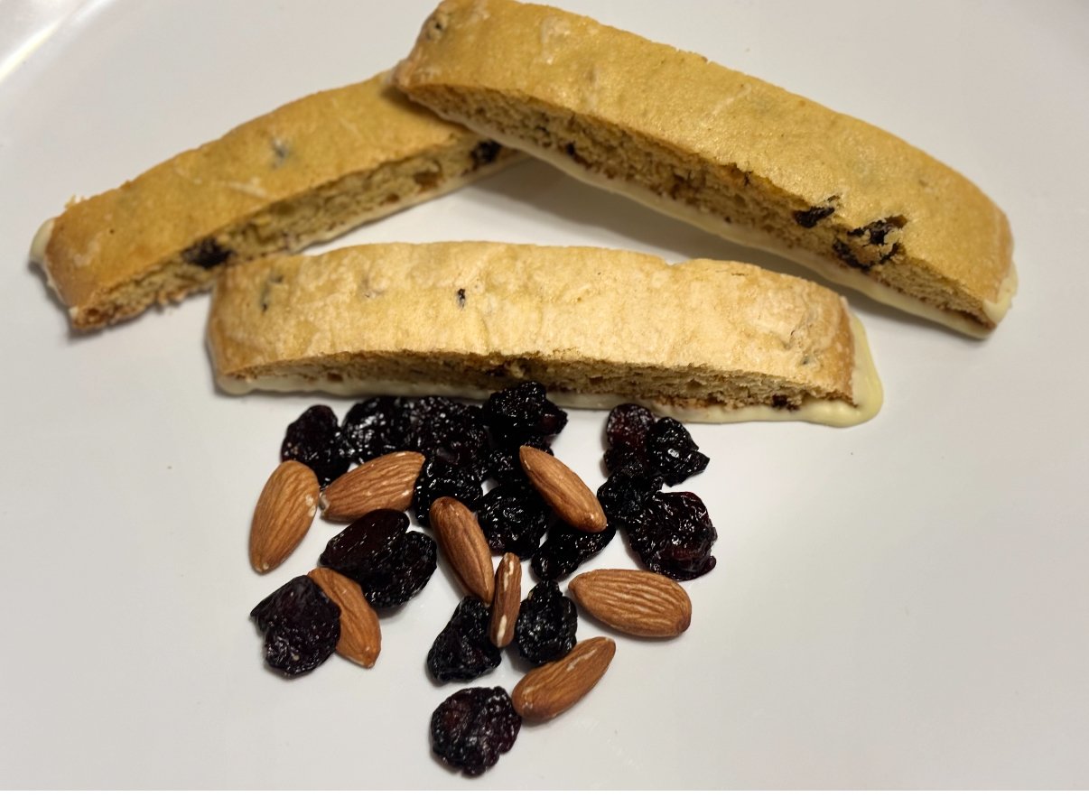 Cherry Almond Biscotti Dipped in White Chocolate (Bag of 4)