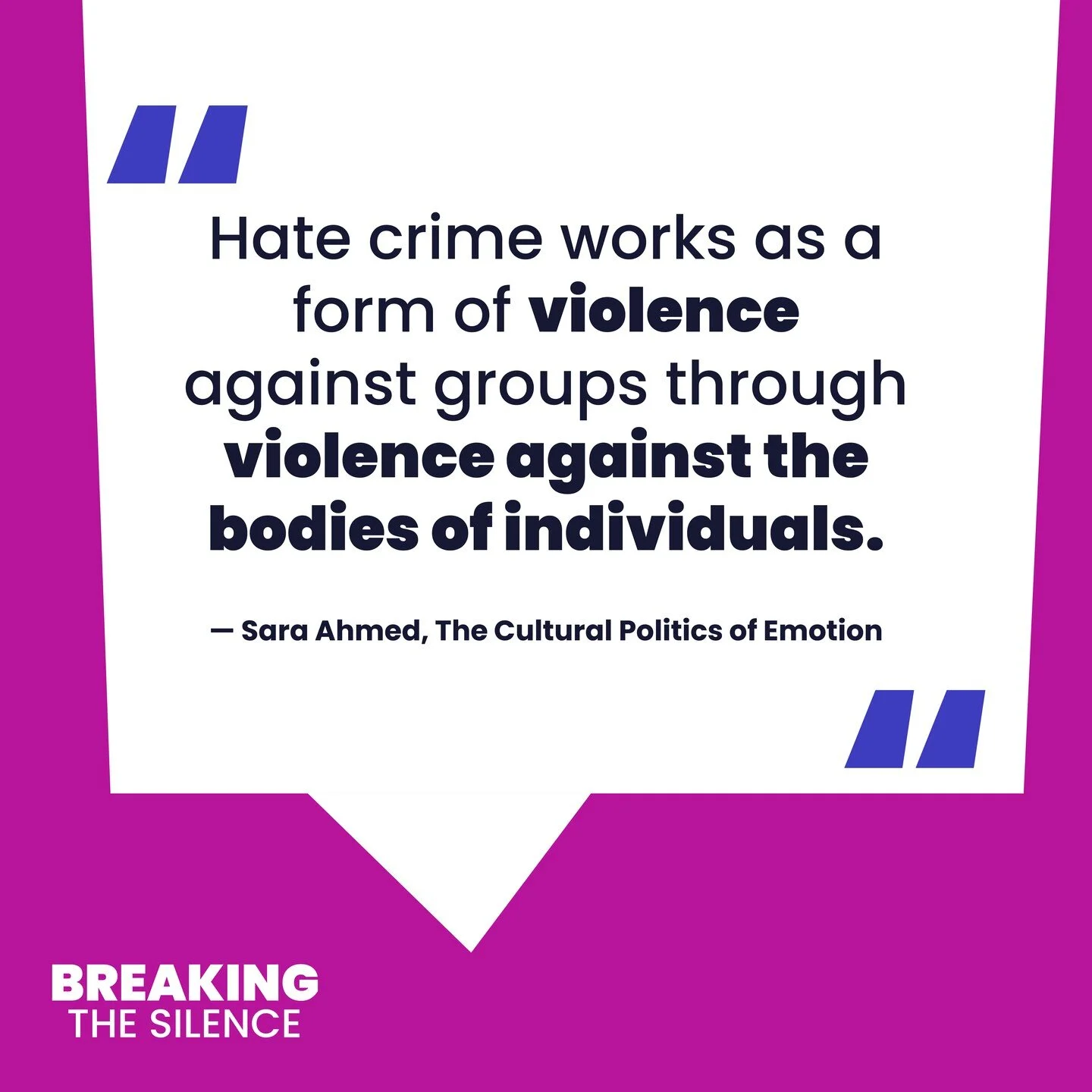 &ldquo;hate crime works as a form of violence against groups through violence against the bodies of individuals. Violence against others may be one way in which the other&rsquo;s identity is fixed or sealed; the other is forced to embody a particular