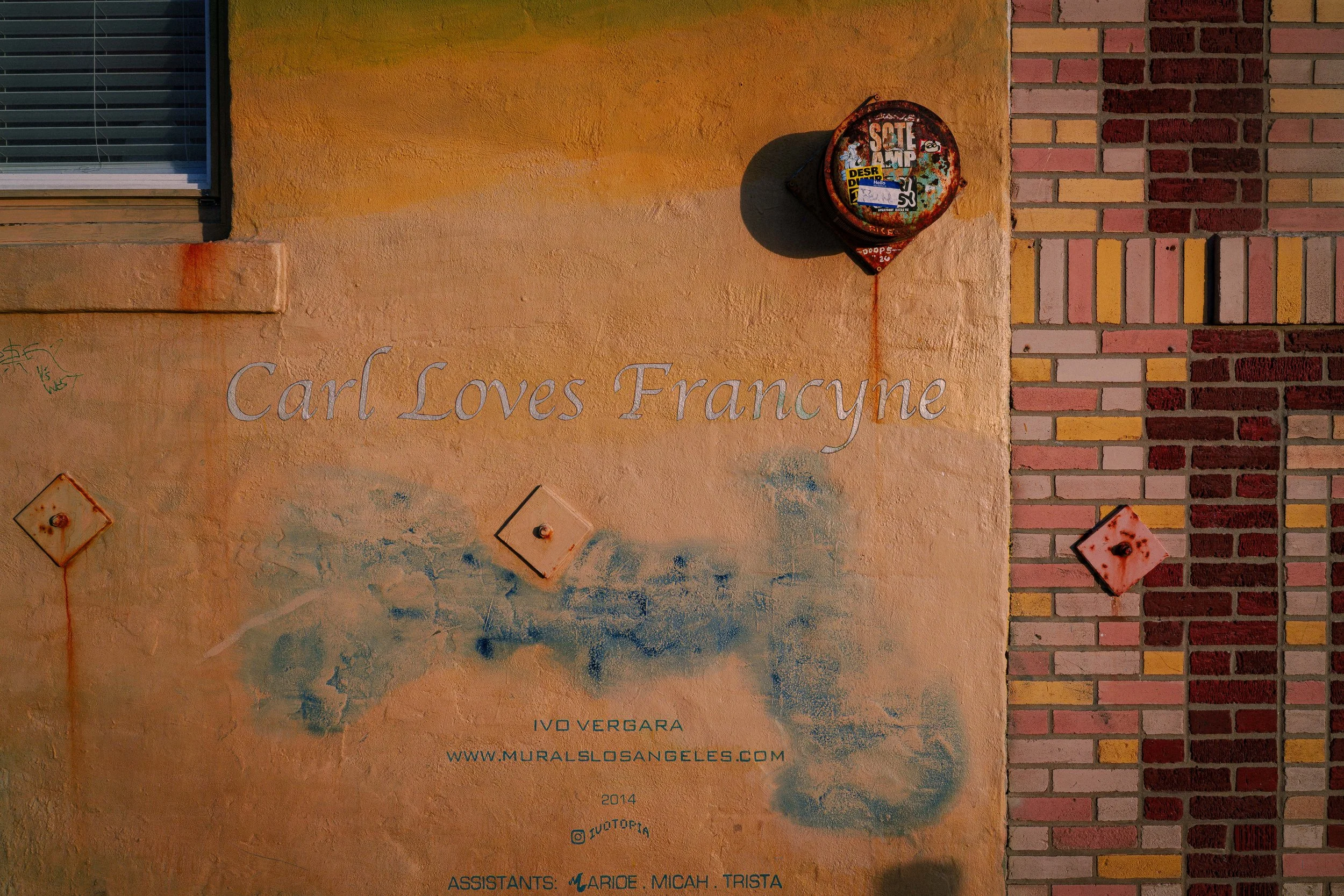 Venice Beach, CA amber wall mural with the words Carl Loves Francyne and a brick wall border