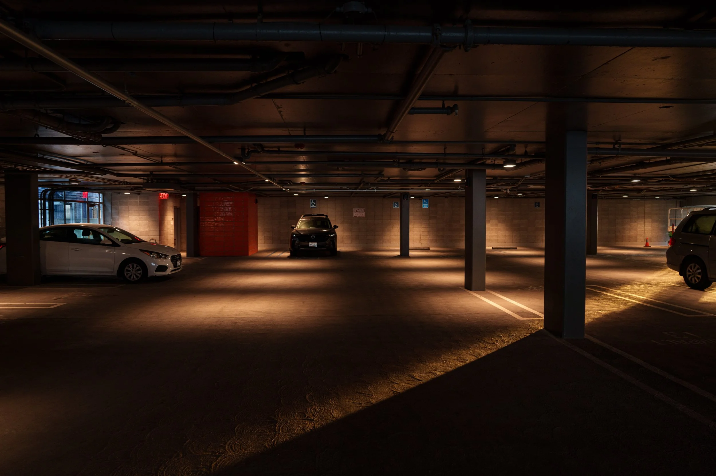 Underground car parking lot near Venice Beach, CA with checkered lighting