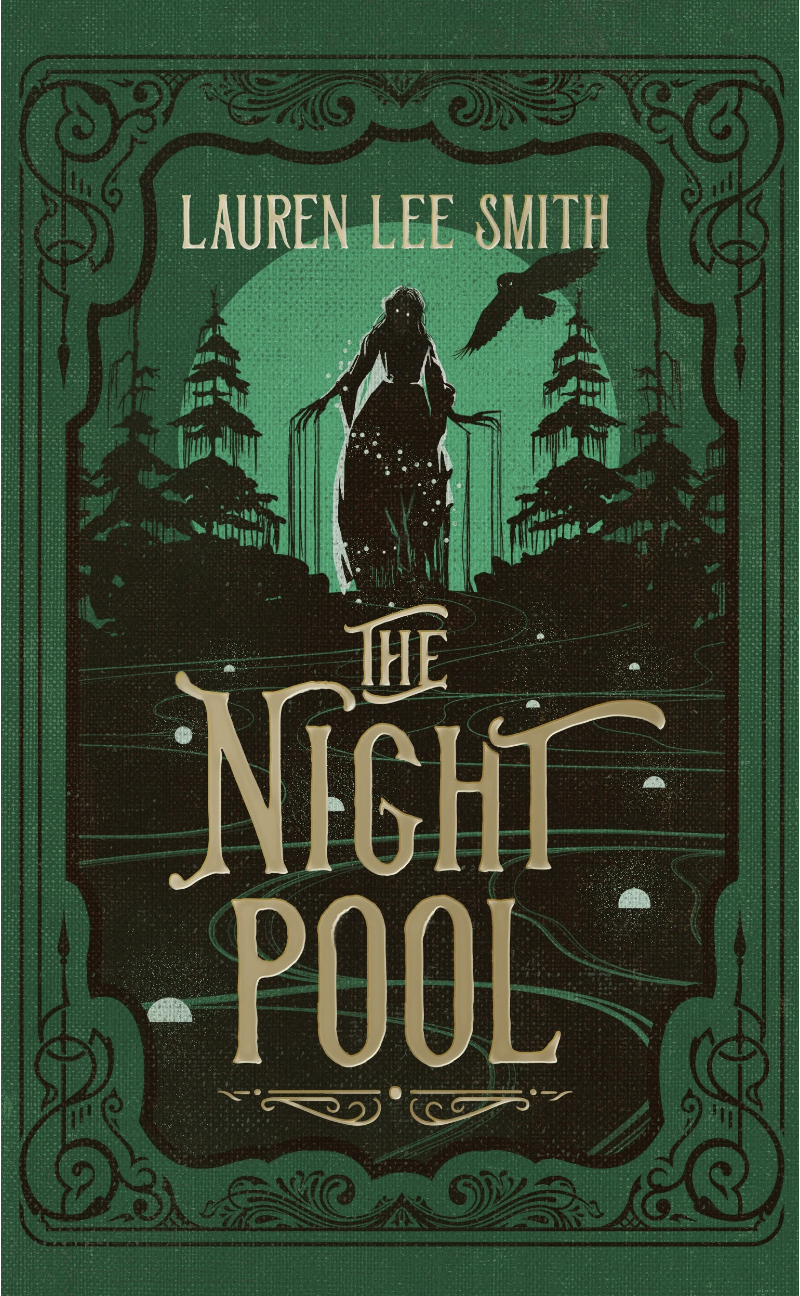 Book cover for "The Night Pool" by Lauren Lee Smith, featuring a silhouette of a woman with long hair walking towards a forest with tall trees and a bird flying overhead, all depicted in shades of green and black.