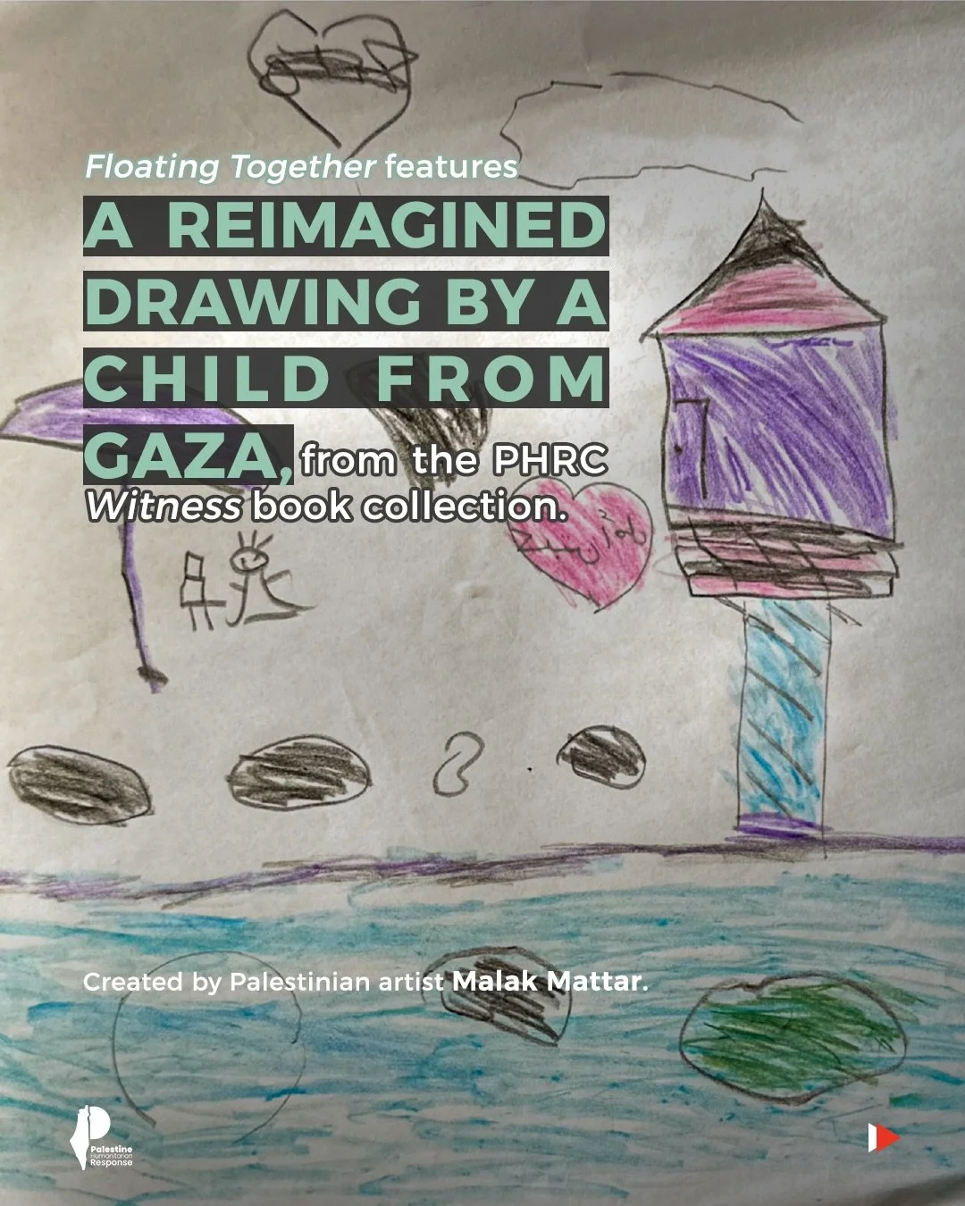 A reimagined drawing by a child in Gaza, originally featured in Witness, is part of Floating Together &ndash; a public installation by Palestinian artist @malakmattarart, created in collaboration with young people from Palestine, Ukraine, and Greece 