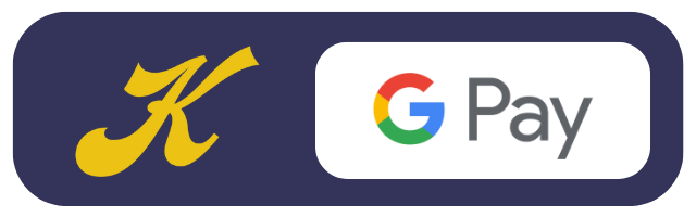 A logo with a yellow letter 'K' on a dark background next to a Google Pay button.