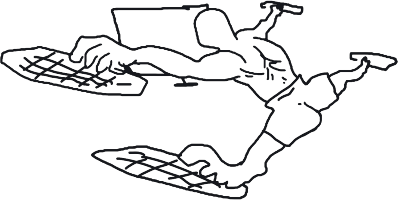 Outline drawing of a dog lying down with a tennis ball in its mouth, shown in side profile.