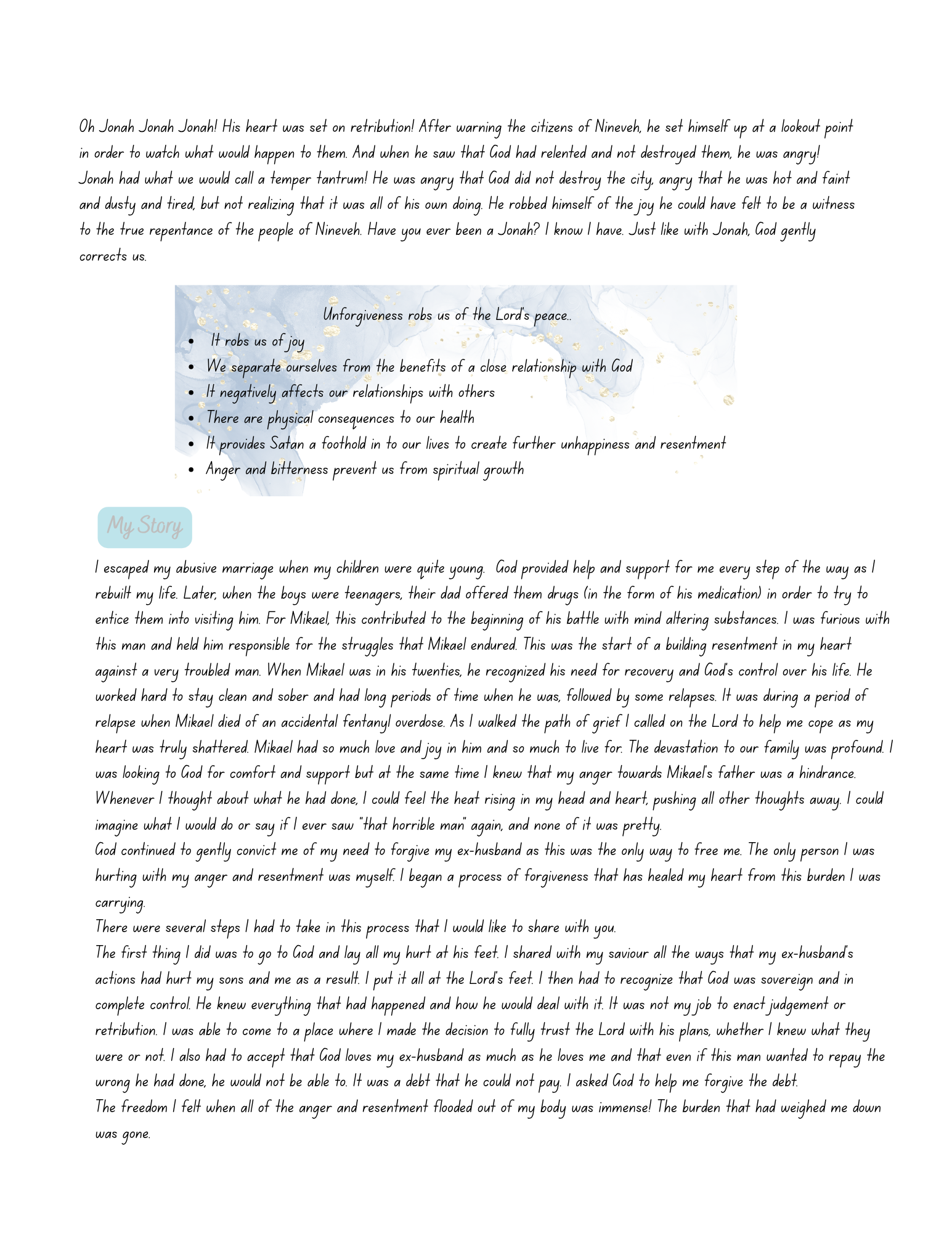 A handwritten note on white paper with a watercolored background, containing text about forgiveness, personal story, and spiritual reflections.