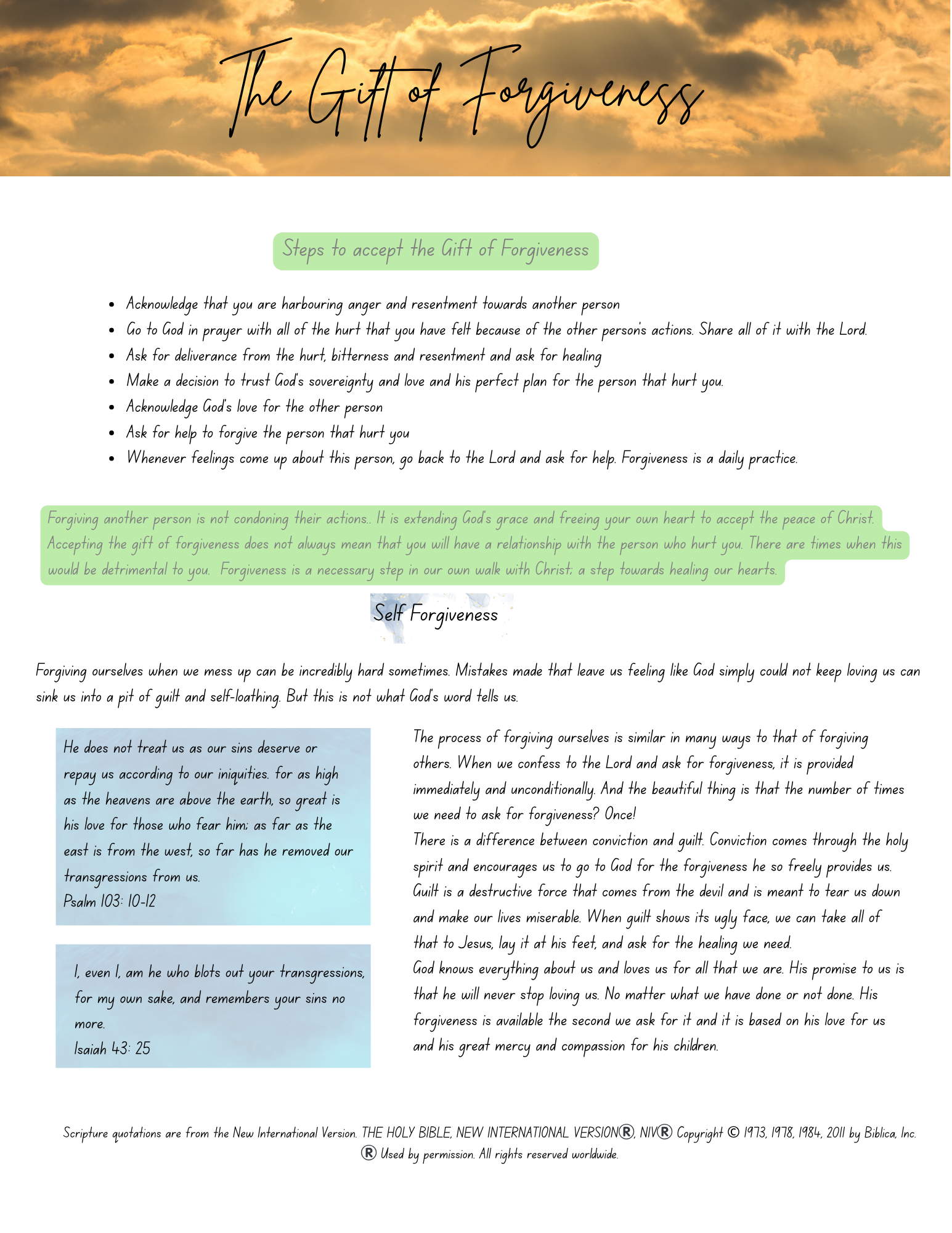 A religious or inspirational printed flyer about forgiveness, featuring a sunset sky with clouds at the top, the title 'The Gift of Forgiveness' in elegant script, and sections with tips for forgiving others, including scripture quotes from the Bible, and guidance on self-forgiveness.