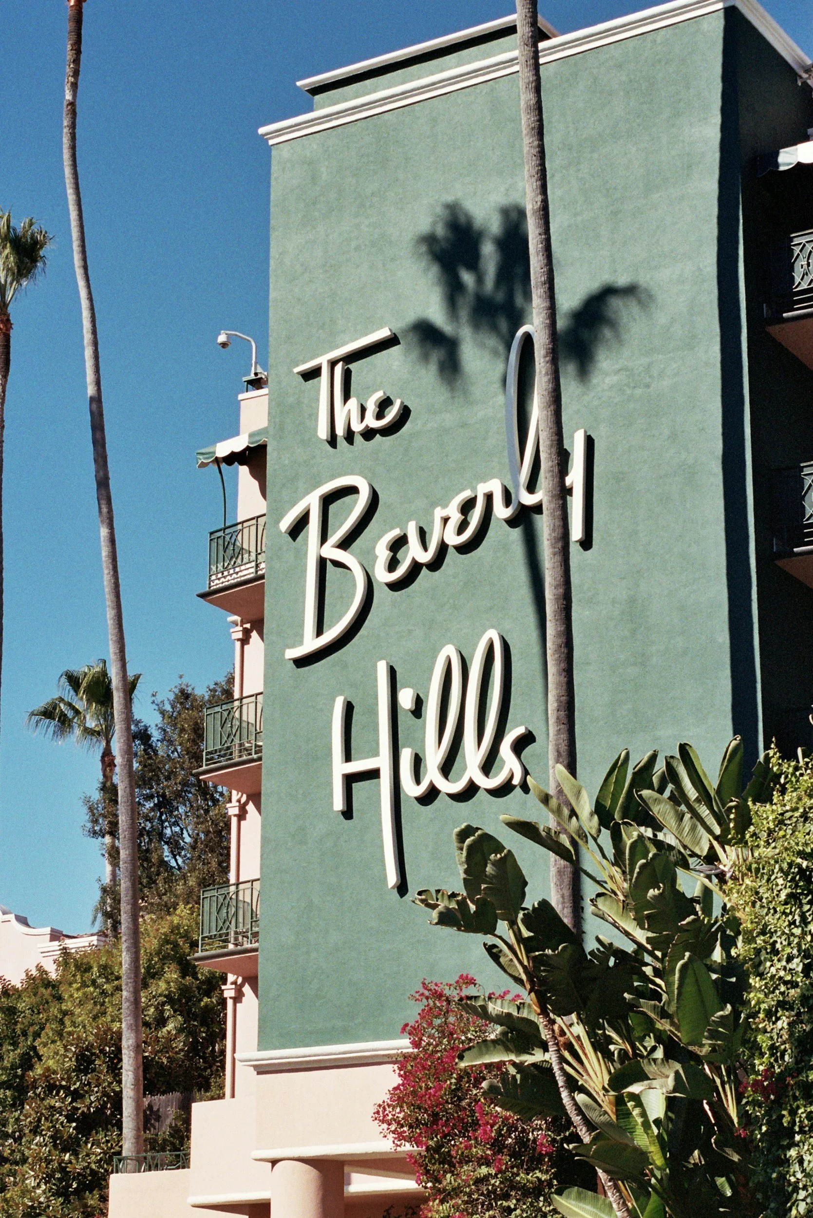 The Beverly Hills Hotel sign with palm trees in Beverly Hills