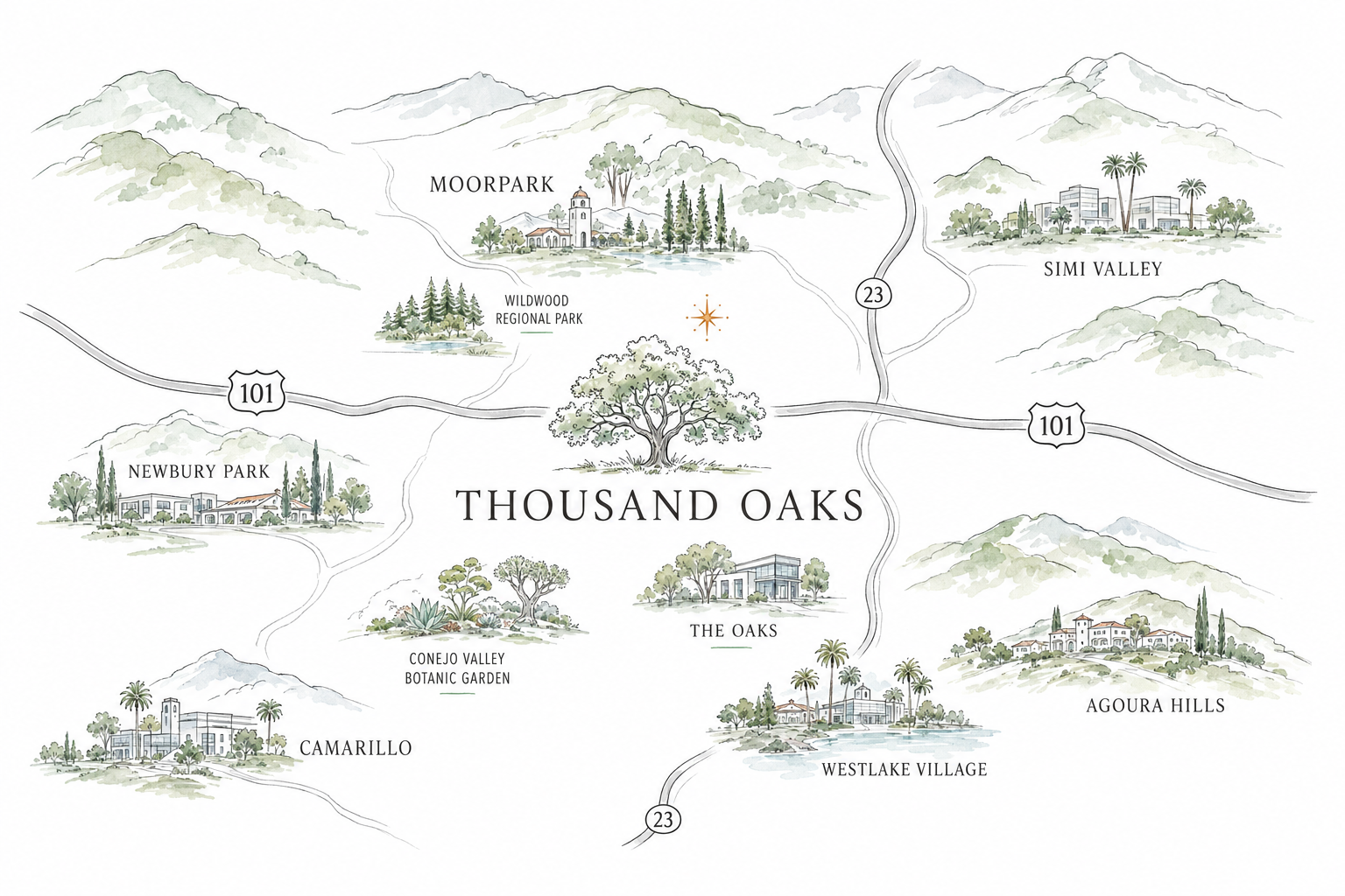 Hand-drawn map of Thousand Oaks and nearby communities served by Spark Organizers