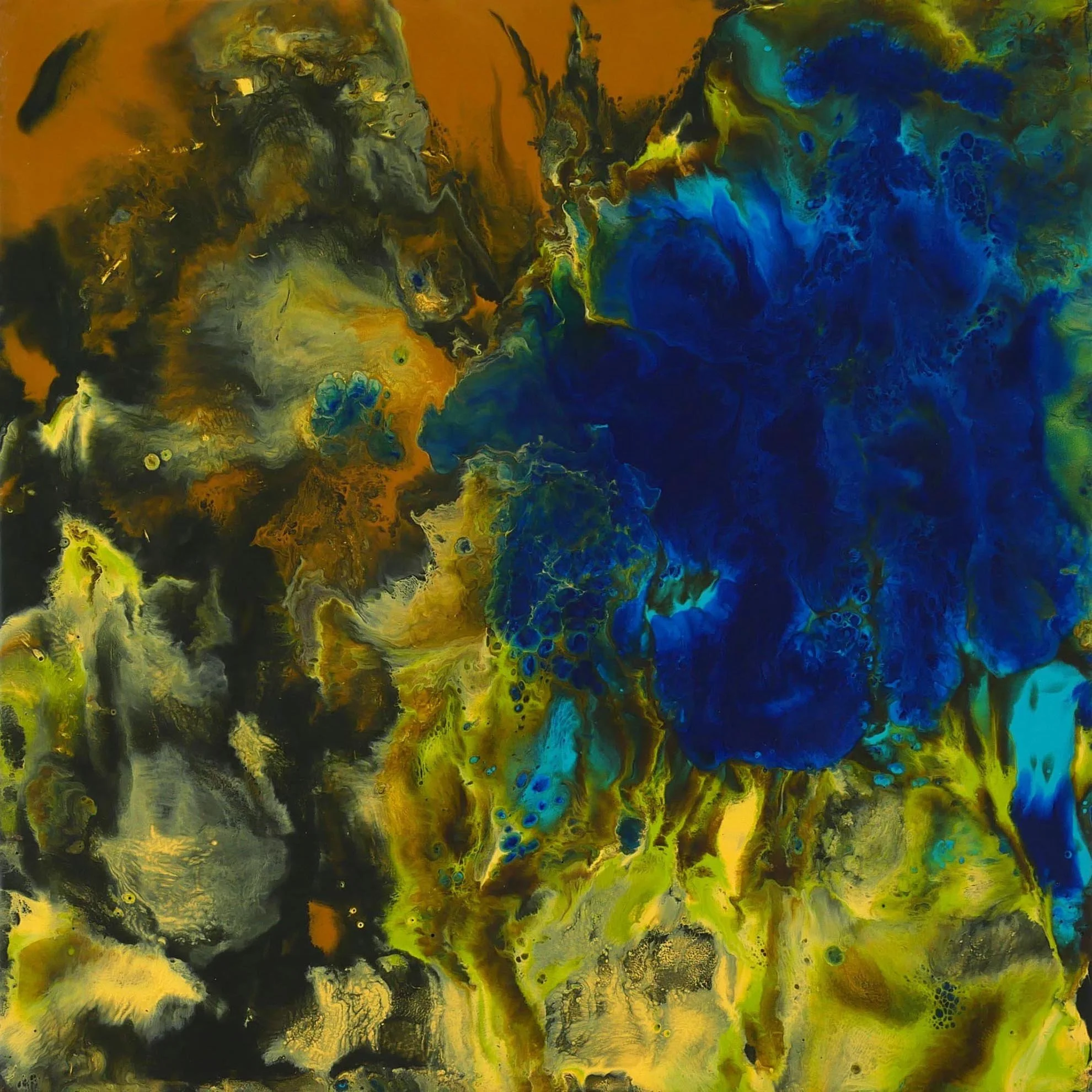 Abstract painting with swirling patterns in blue, yellow, black, and green hues.
