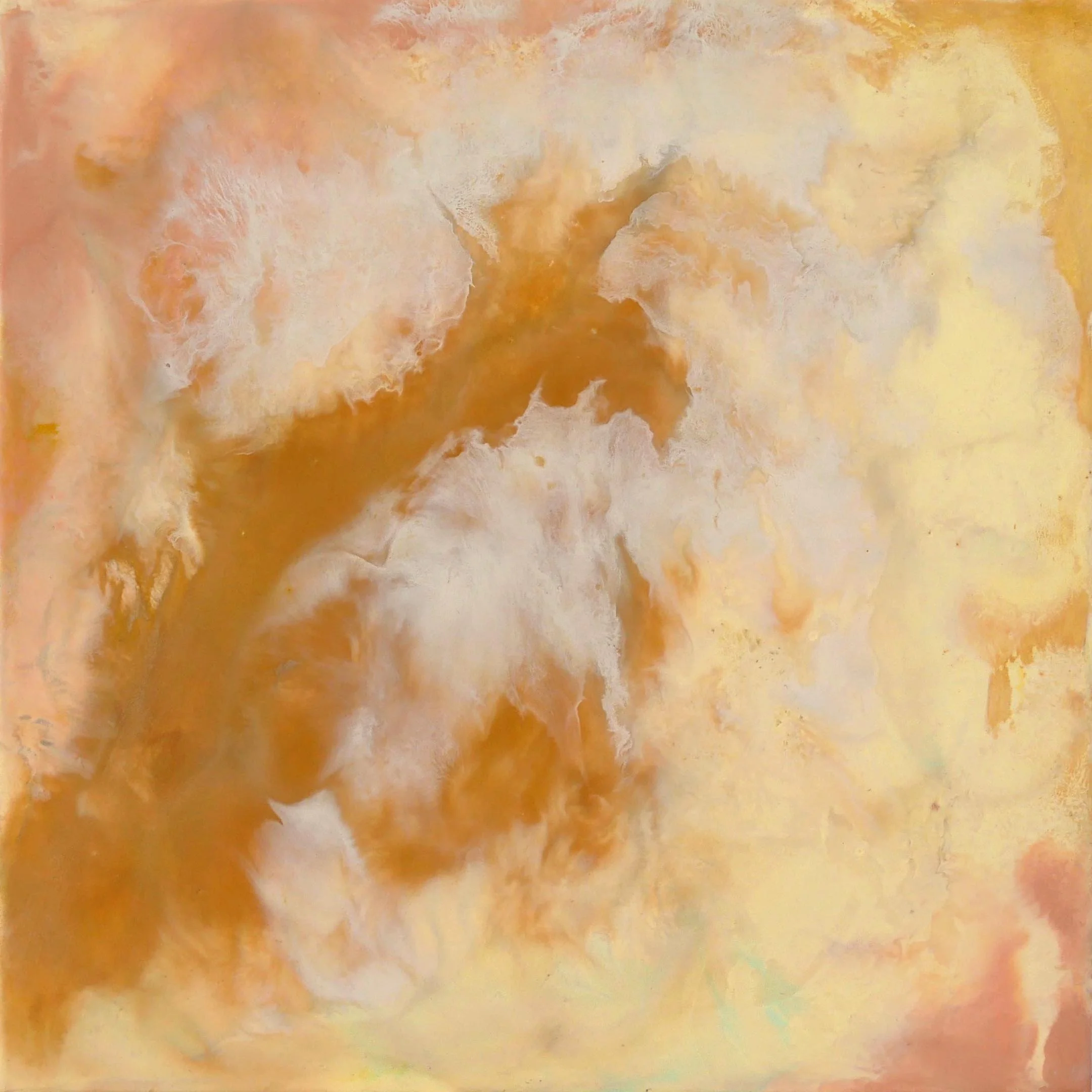 Abstract painting with swirling shades of orange, white, yellow, and light pink.