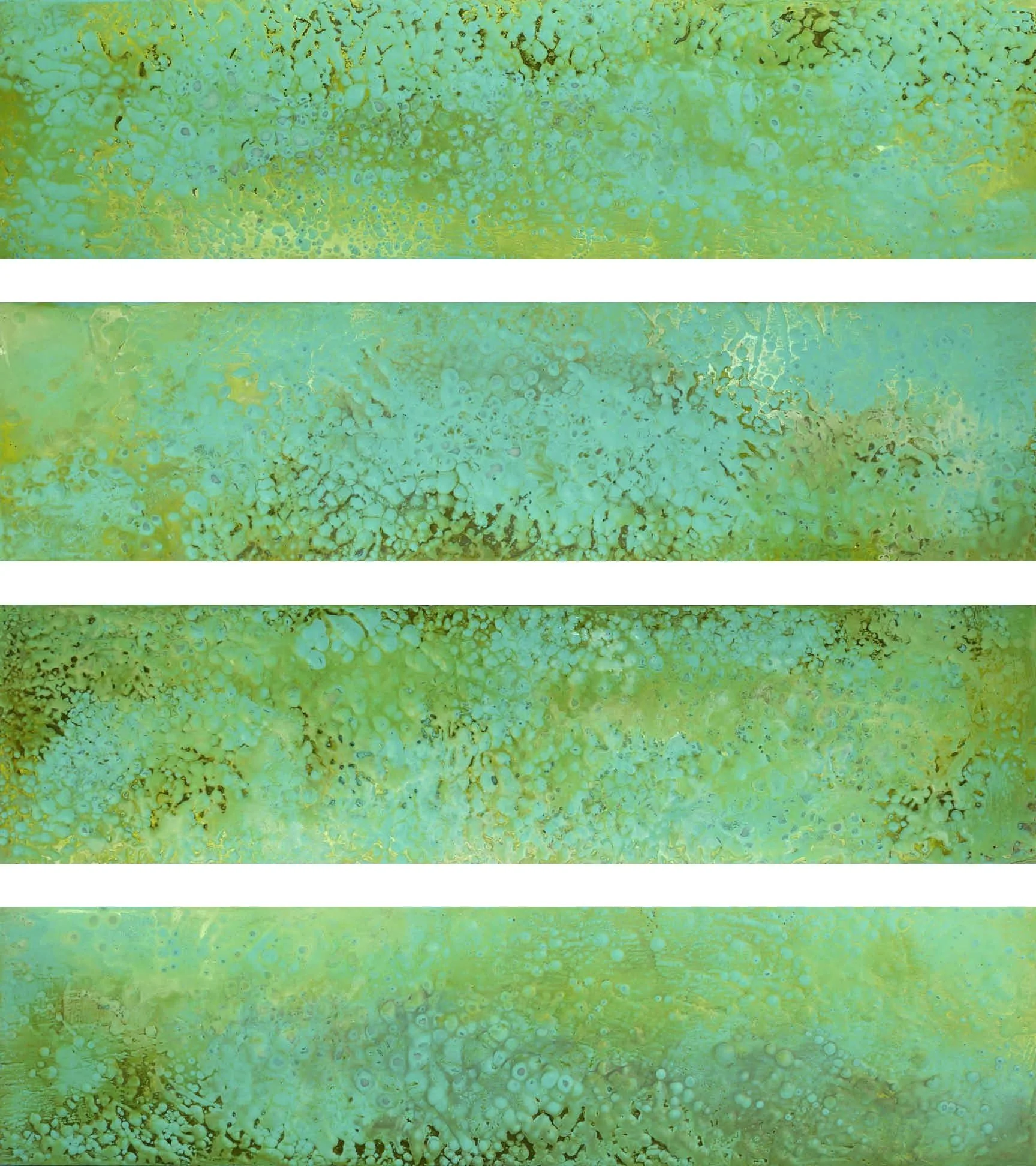 Four horizontal sections of abstract textured artwork featuring shades of turquoise, green, and gold with organic bubble and splash patterns.