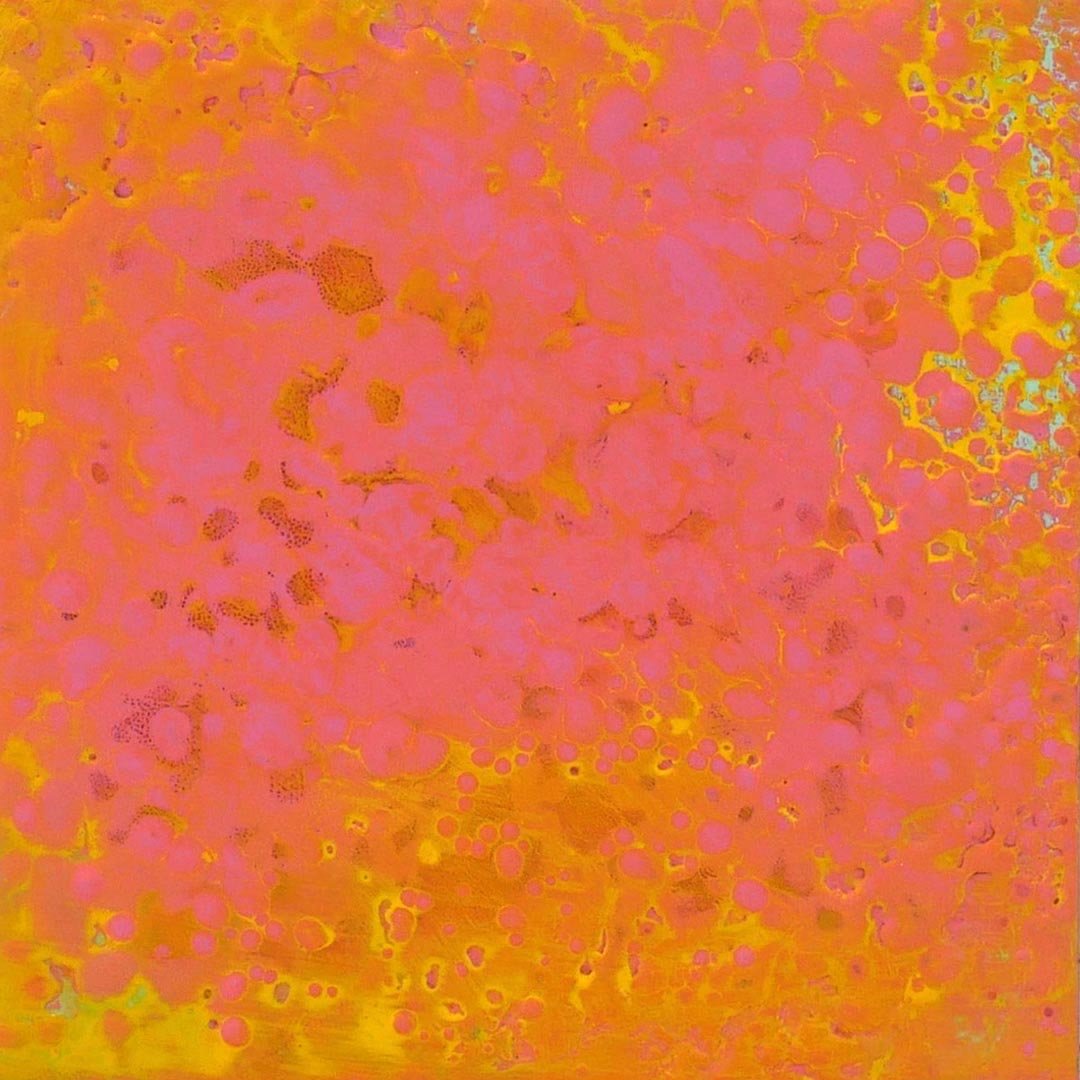 Abstract pattern with pink, yellow, and orange colors, resembling a bubble or cellular structure.
