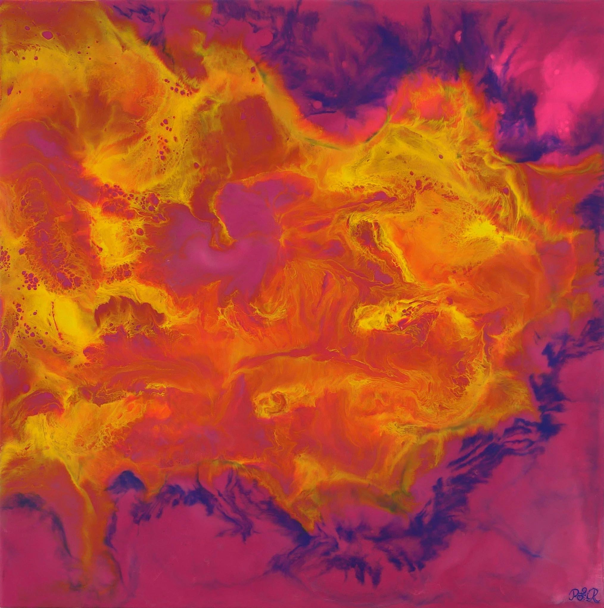 Abstract painting with swirling patterns of bright yellow, orange, pink, and purple colors.