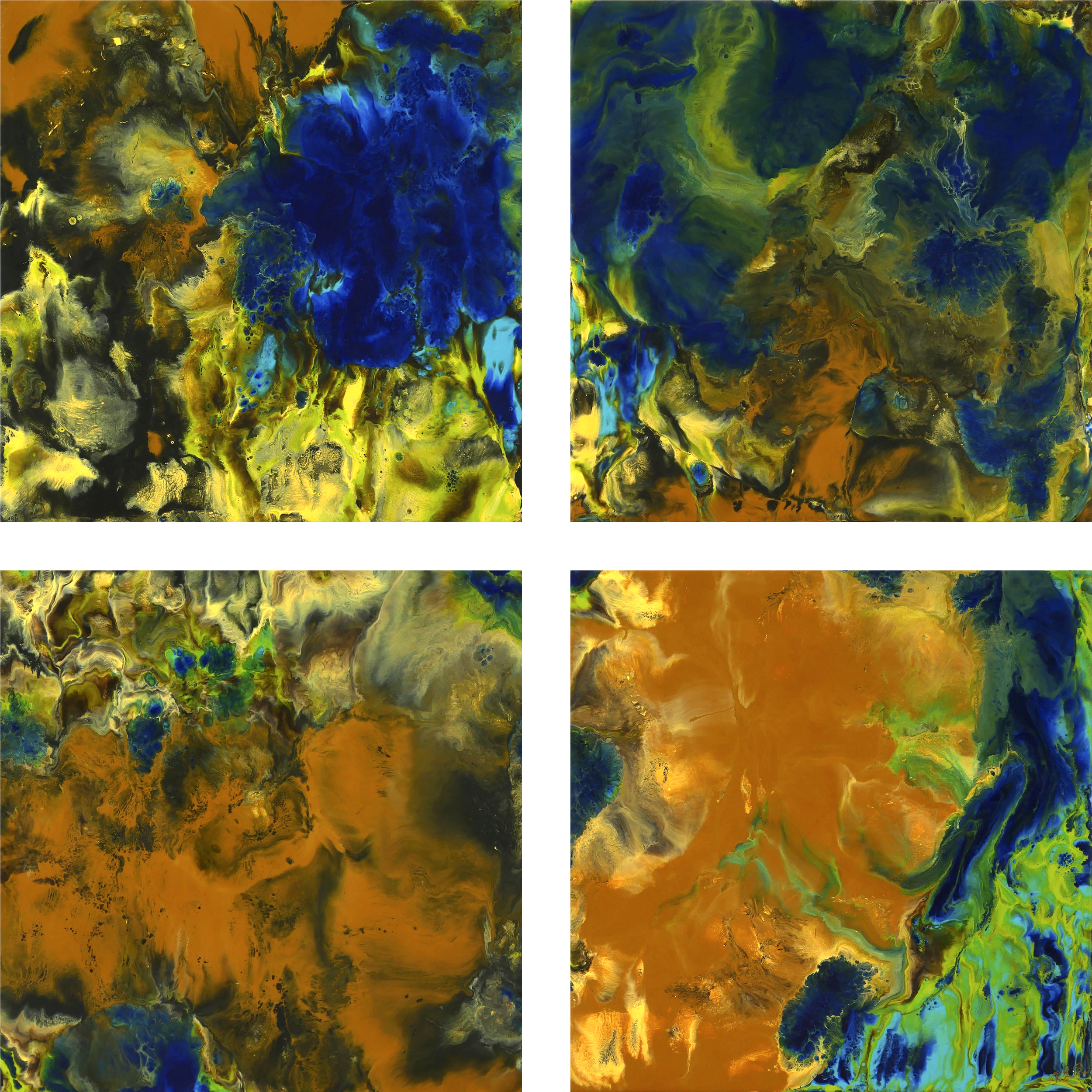 Four abstract paintings with swirling patterns in shades of blue, green, yellow, black, and orange.