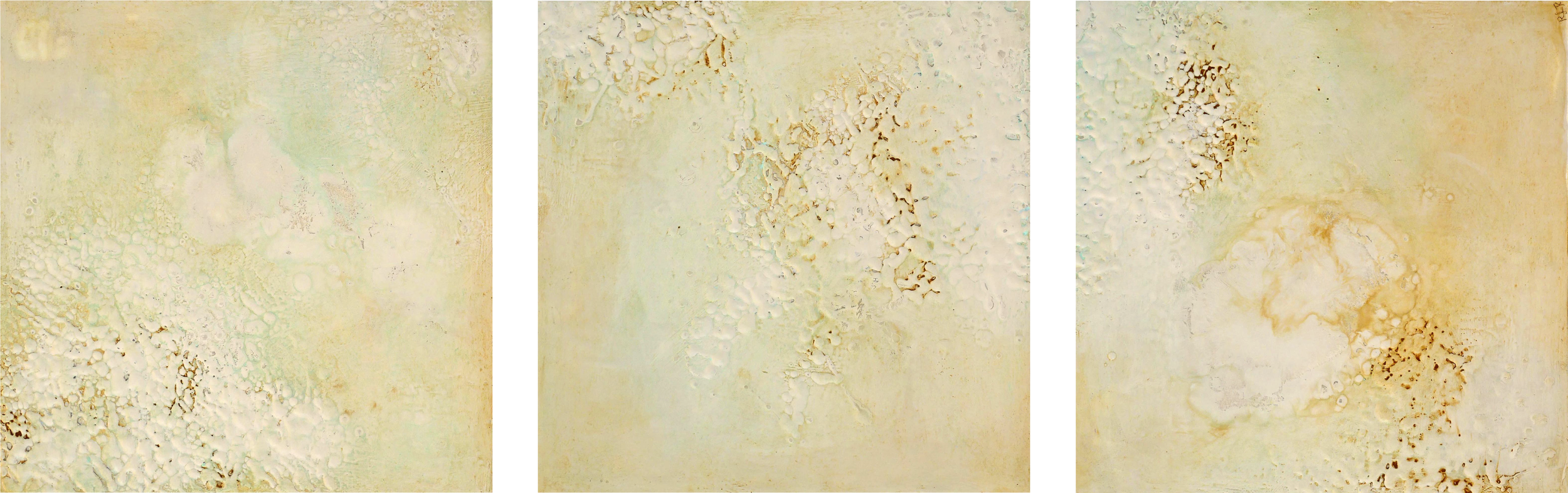 “Seafoam” Triptych / Encaustic on 1-1/2” cradled panels, three 16”x 16”, $2295