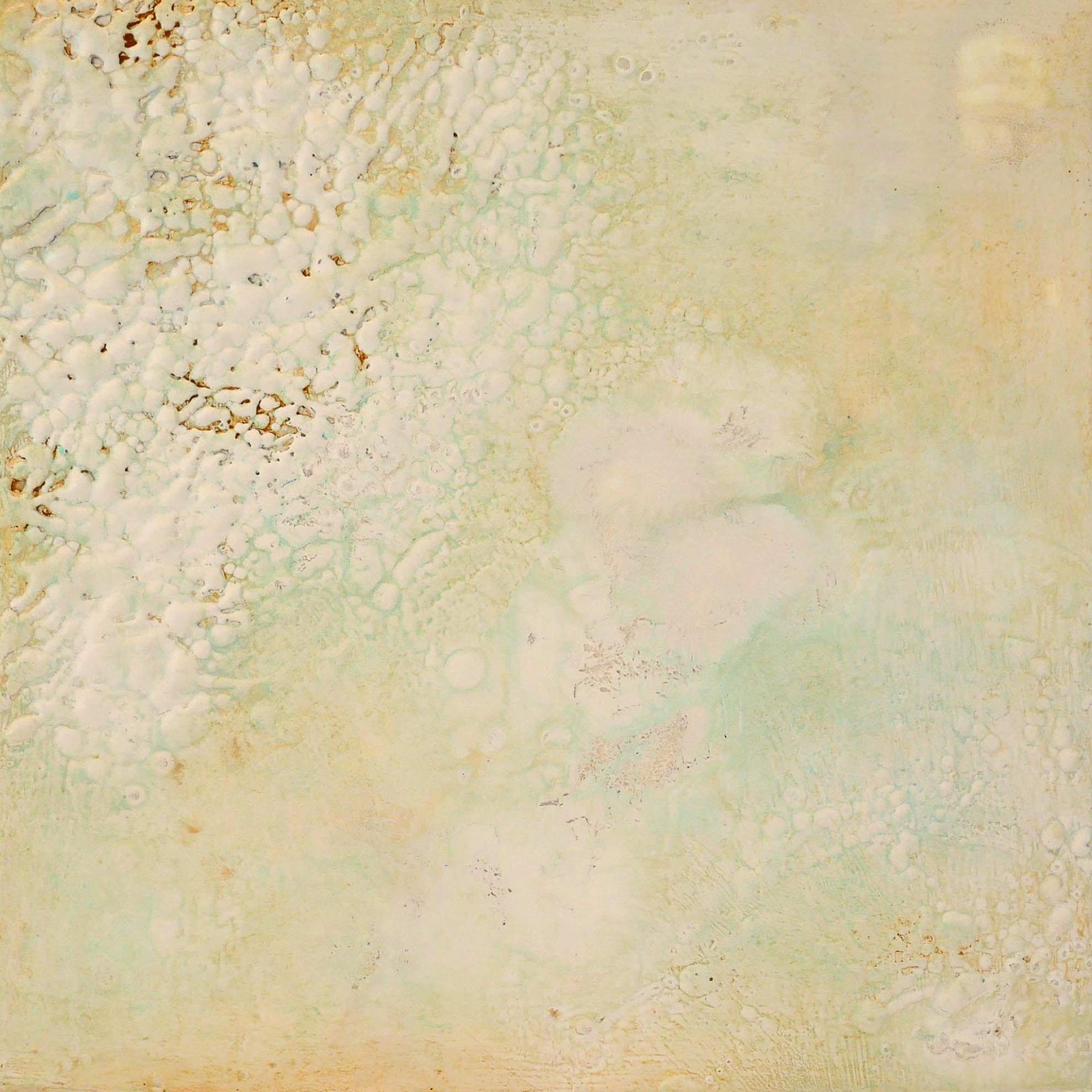 Abstract artwork with a textured surface featuring light, muted colors and circular patterns.