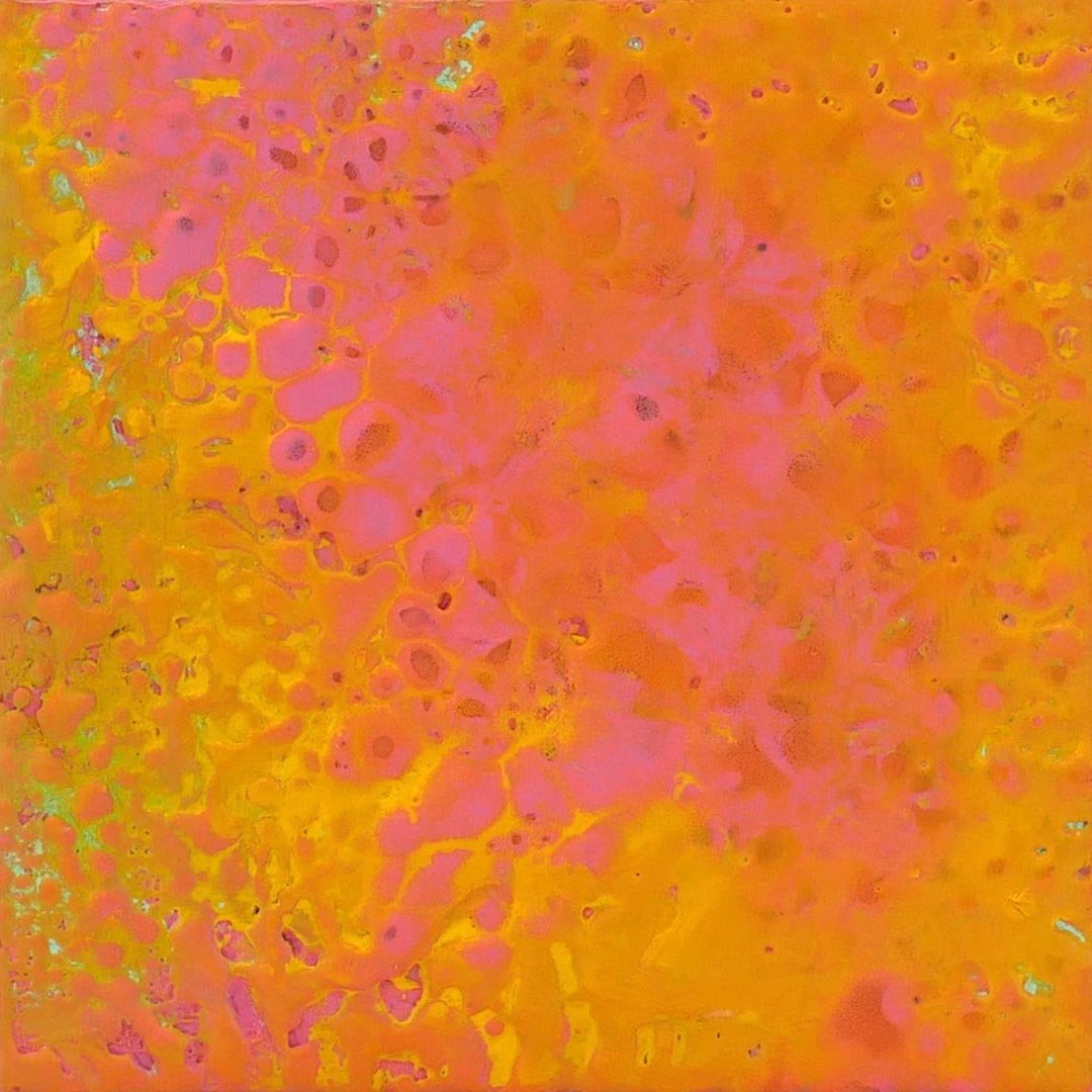 Abstract painting with orange, pink, and yellow colors, featuring various circular and irregular shapes.