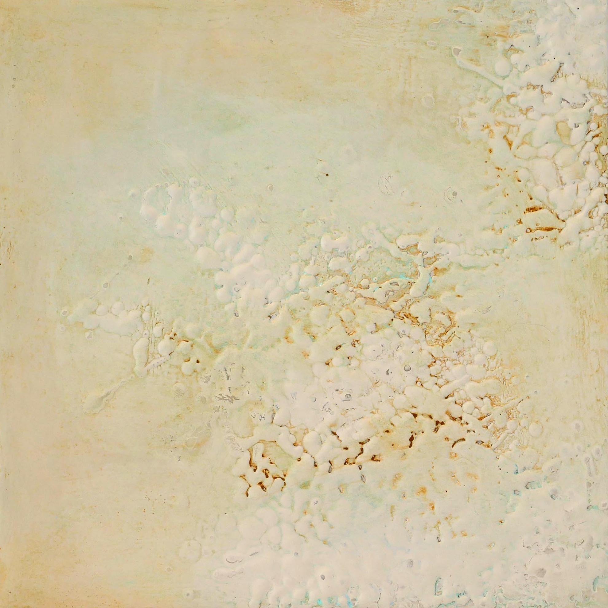 Abstract textured pattern with a pale yellow and cream background, featuring irregular white and light brown bubble-like formations.