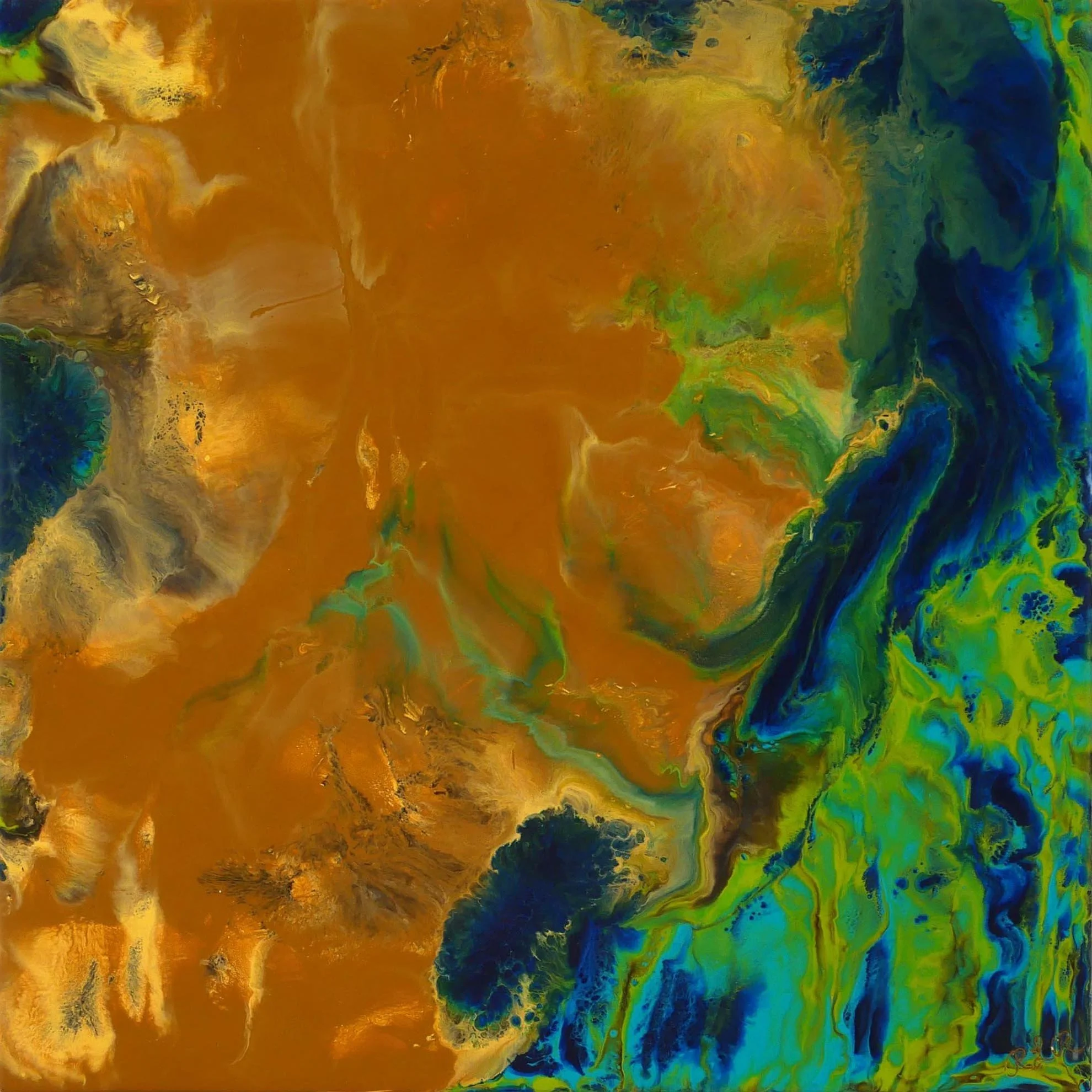 Abstract painting with swirls of orange, green, blue, and black colors.