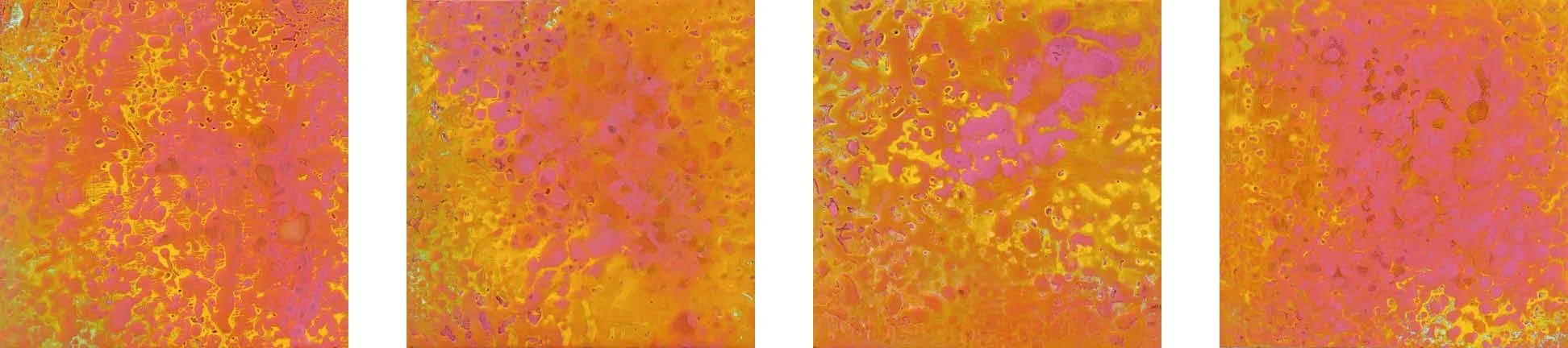 Abstract pattern with pink, orange, and yellow colors with small black specks.
