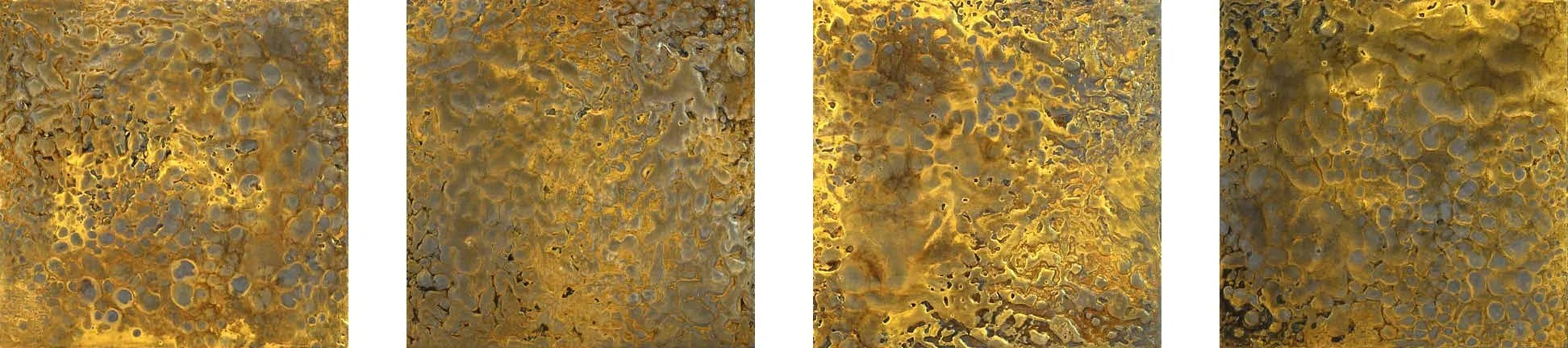 Four close-up images of textured, patterned gold surface with irregular bubbles and markings.